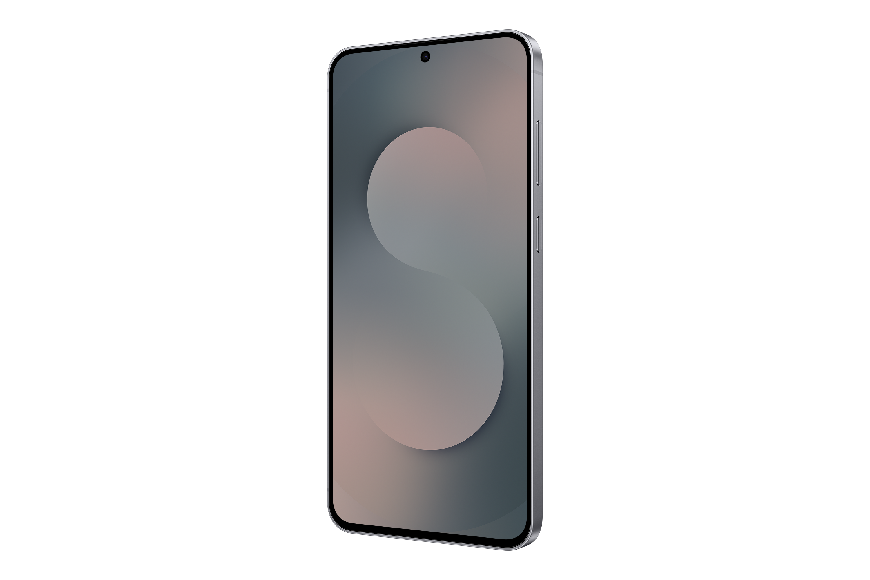 Ein silbernes Smartphone auf schwarzem Hintergrund. Der Bildschirm zeigt ein Gradientendesign mit zwei sich überlappenden Kreisen.