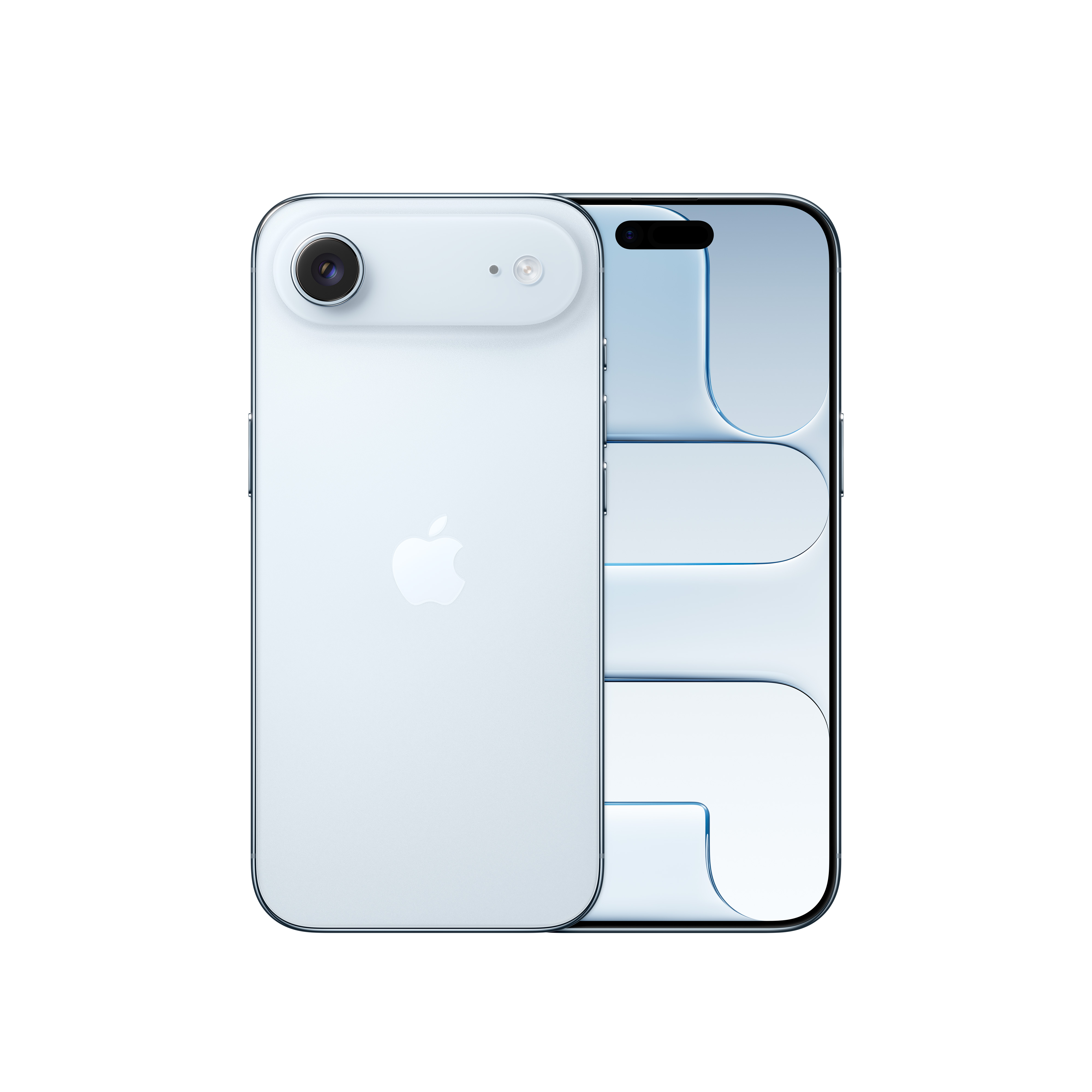 Ein hellblaues Smartphone mit zwei Kameras auf der Rückseite und einem Bildschirm mit Notch.