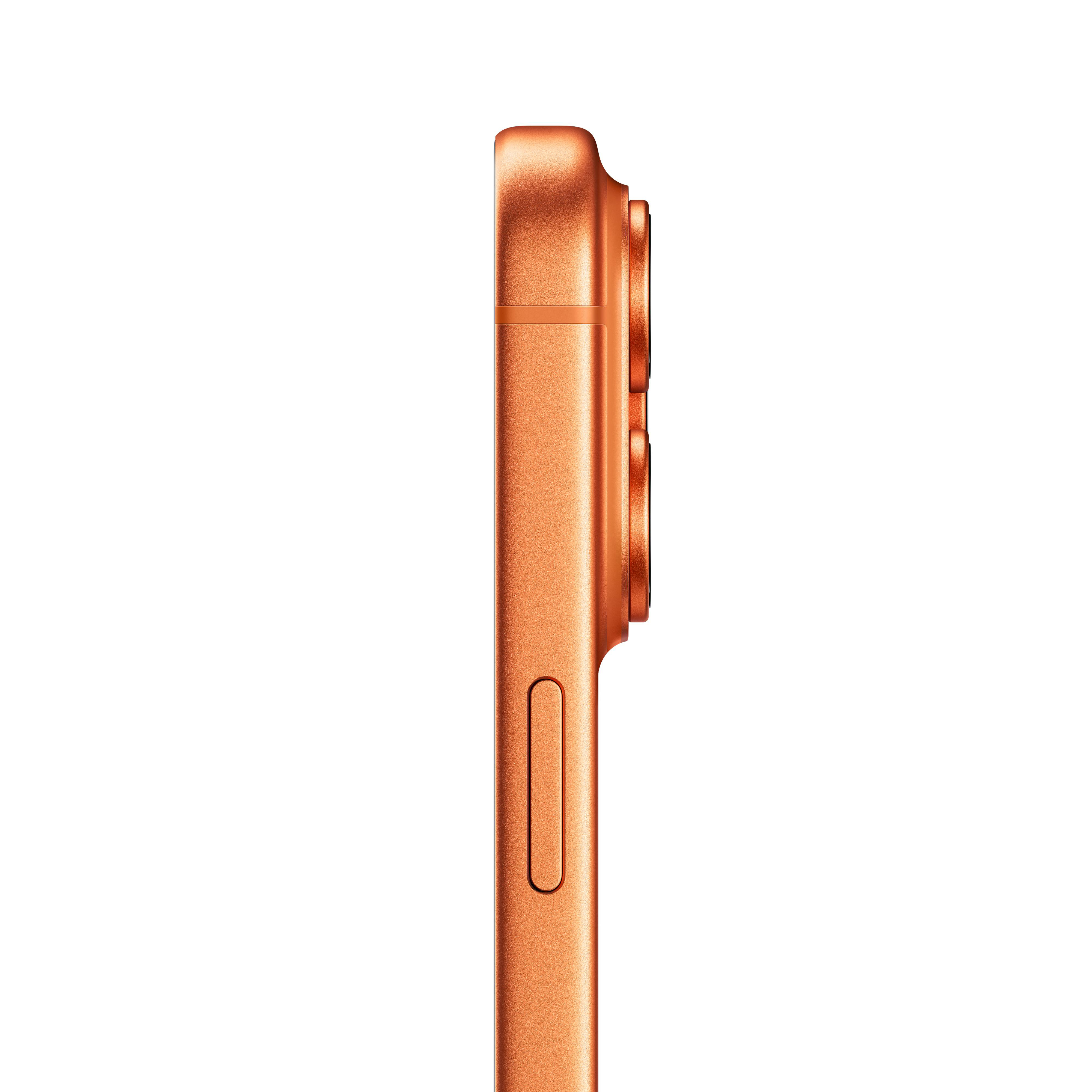 Seitenansicht eines kupferfarbenen Smartphones. Zeigt die Seite mit Lautstärketasten und Kamerahügel.