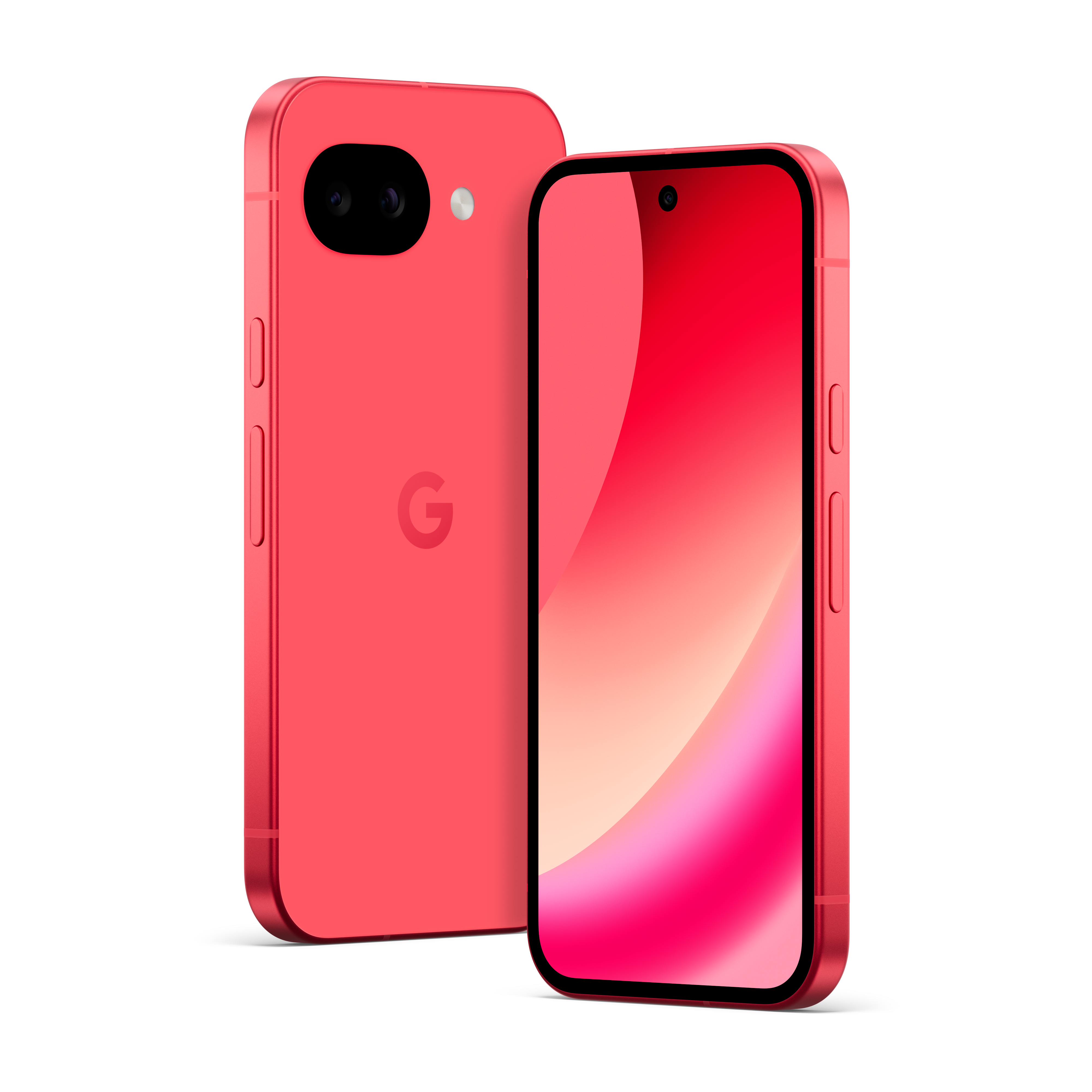 Zwei rote Smartphones mit Google-Logo und Kameras auf weißem Hintergrund.