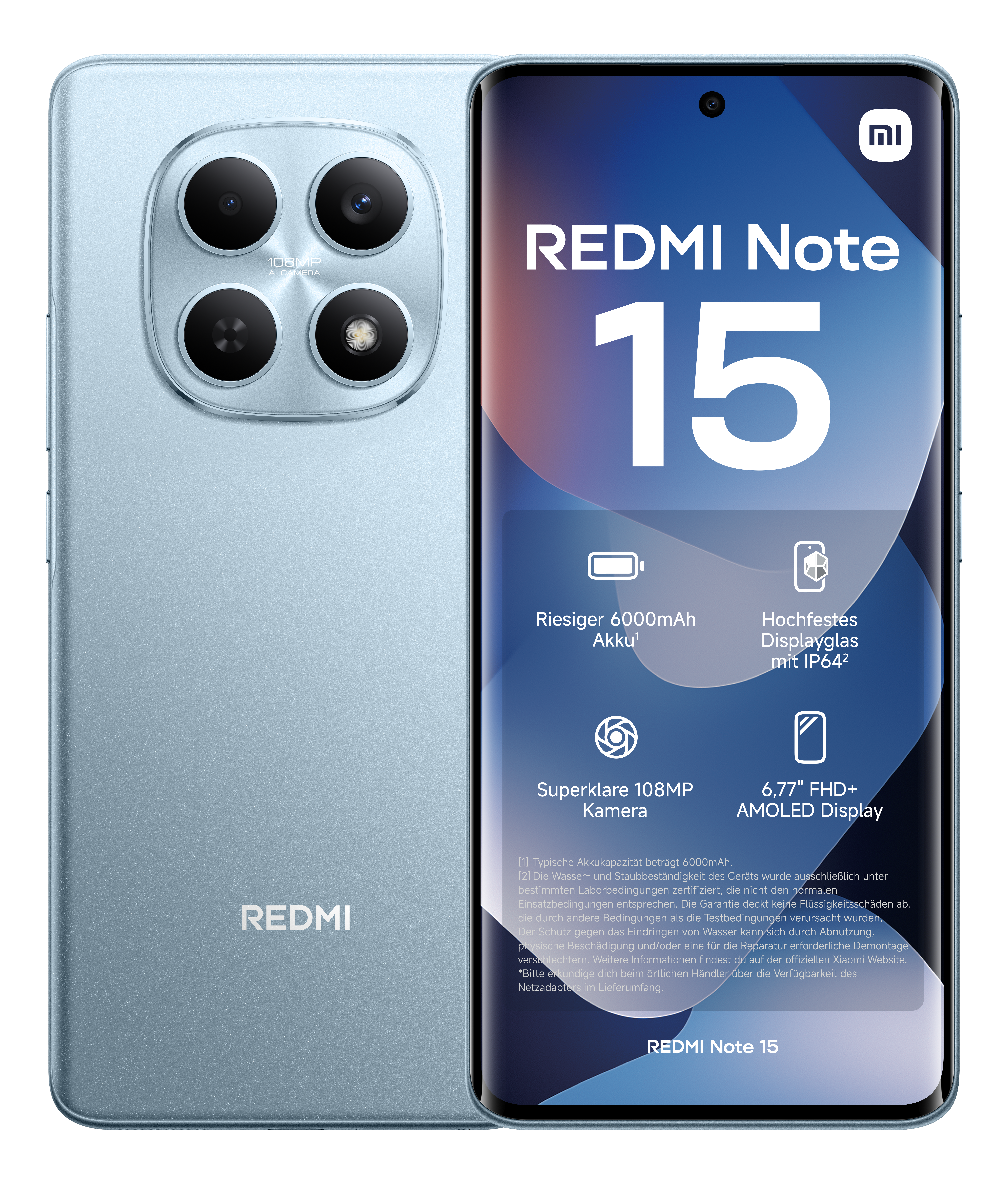 Ein blaues Redmi Note 15-Smartphone mit großem Bildschirm, das Funktionen anzeigt. Auf der Rückseite befindet sich eine Kameraanordnung.