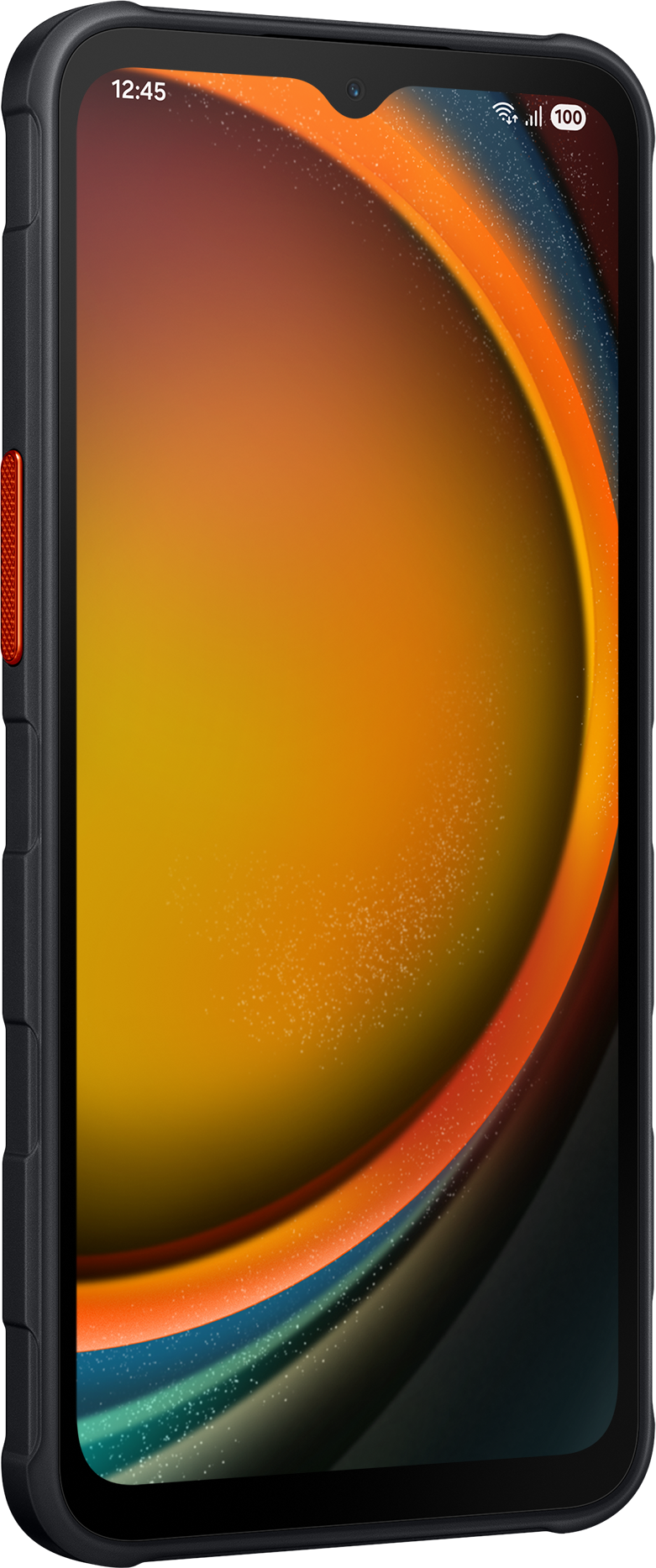 Schwarzes Smartphone mit orange-gelbem Display. Oben ist die Uhrzeit 12:45.