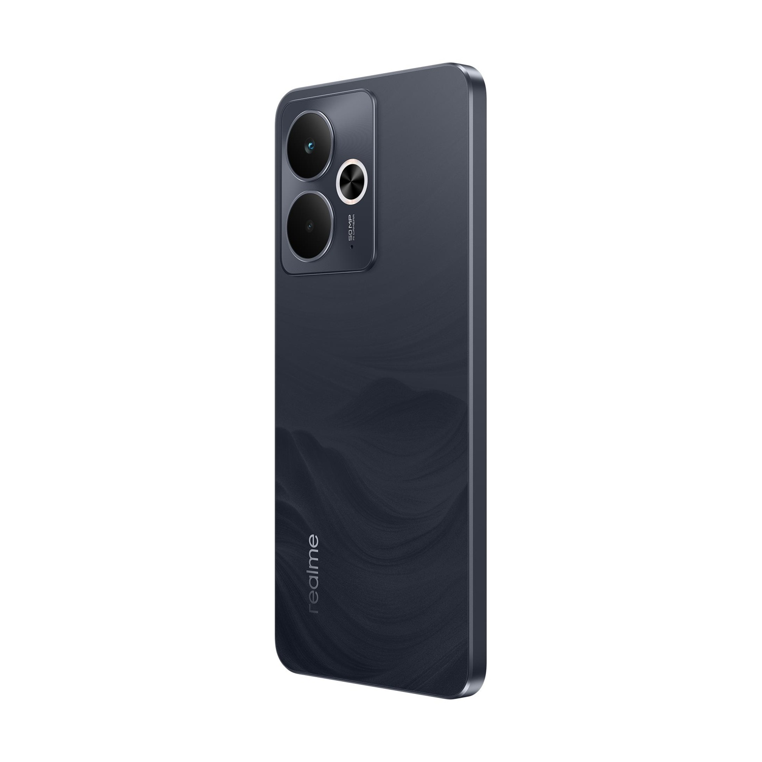 Ein lavendelfarbenes Telefon mit Kamera und Realme-Logo.
