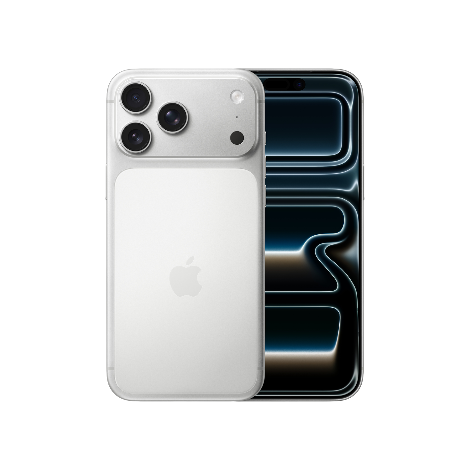 Ein weißes iPhone mit drei Rückkameras und einem dunklen Bildschirm wird gezeigt und zeigt die Rückseite und teilweise die Vorderseite.