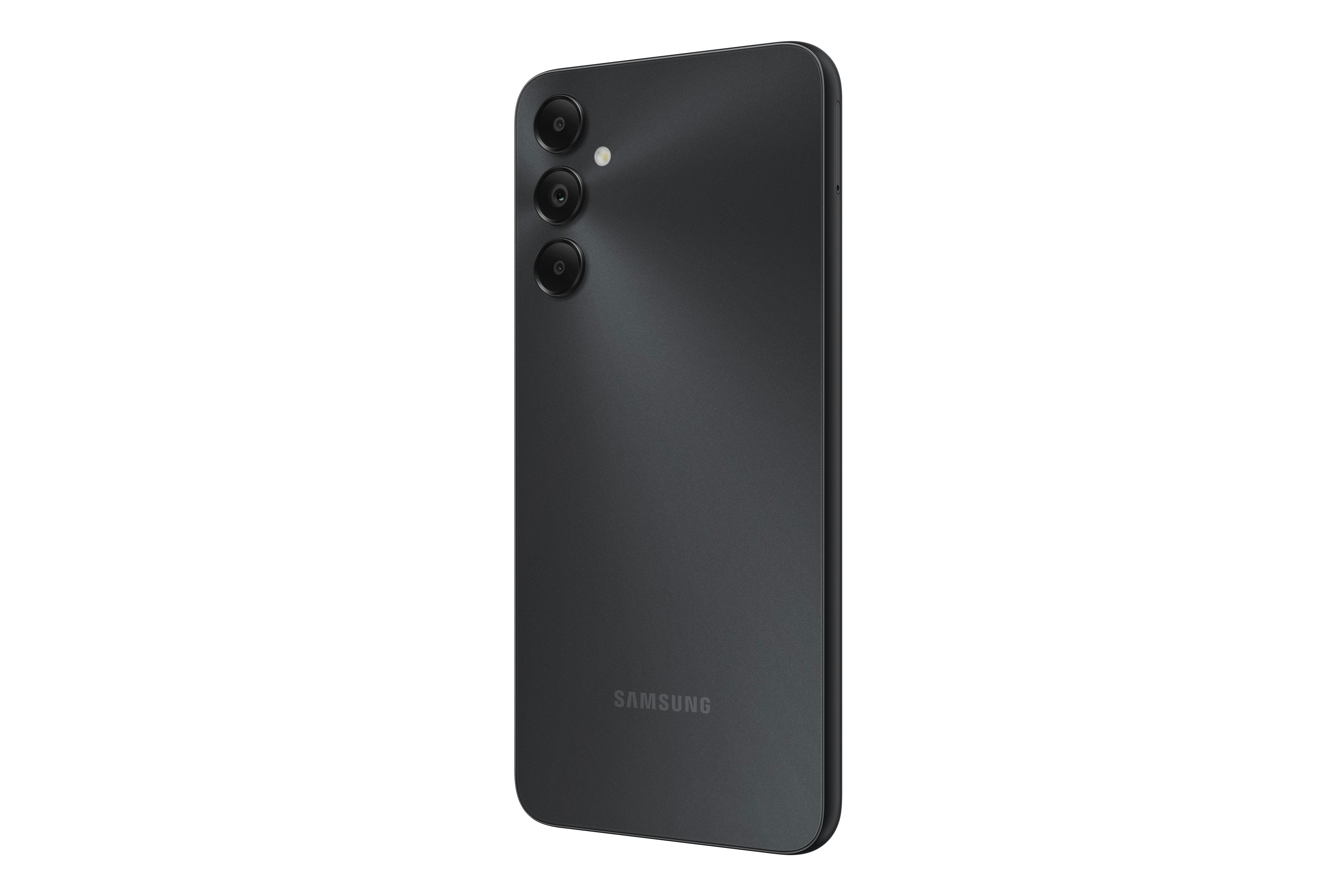 Schwarzes Smartphone mit drei Kameralinsen.