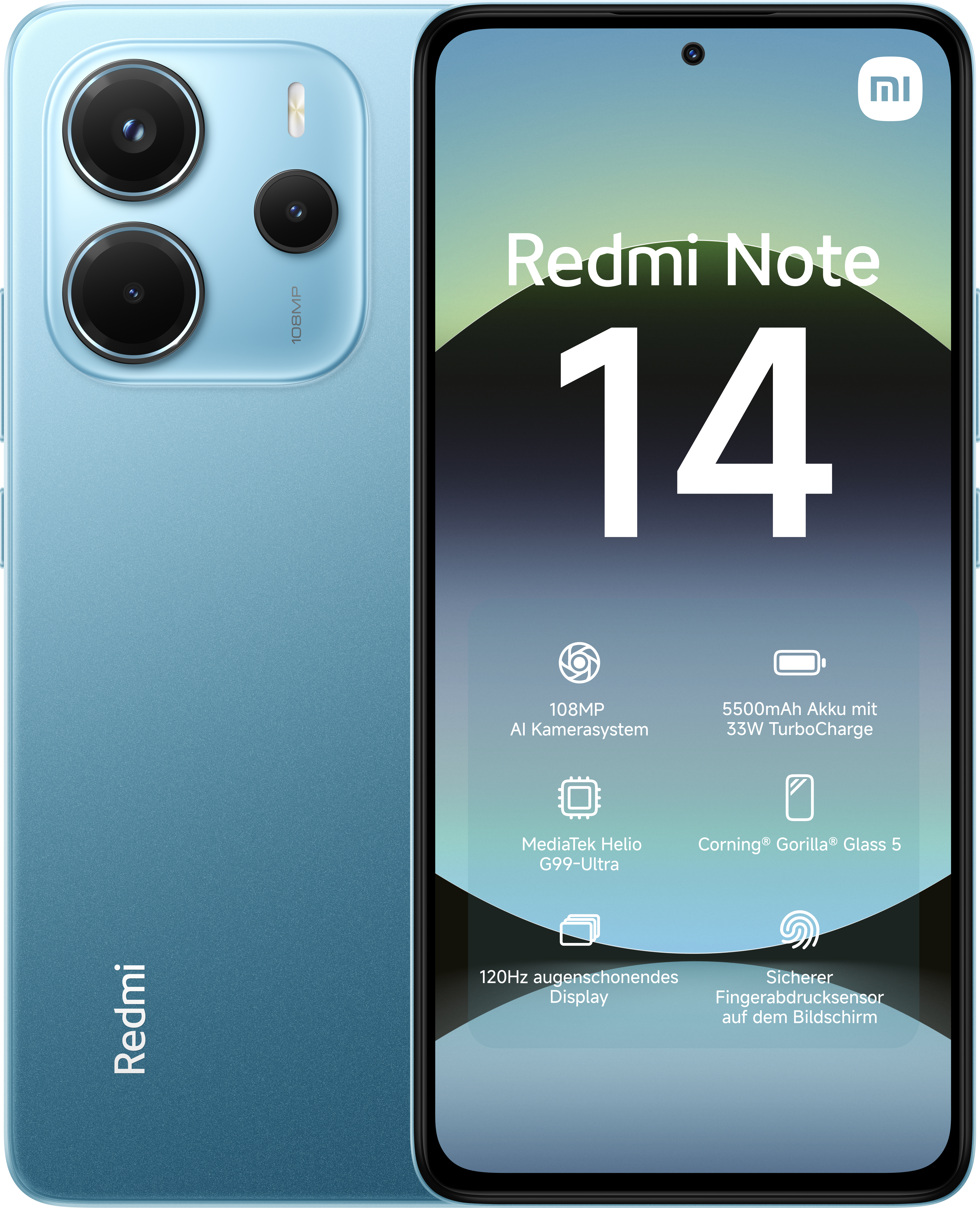 Blaues Redmi Note 14 Smartphone. Merkmale: Dreifachkamera, großes Display und Spezifikationen auf dem Bildschirm.
