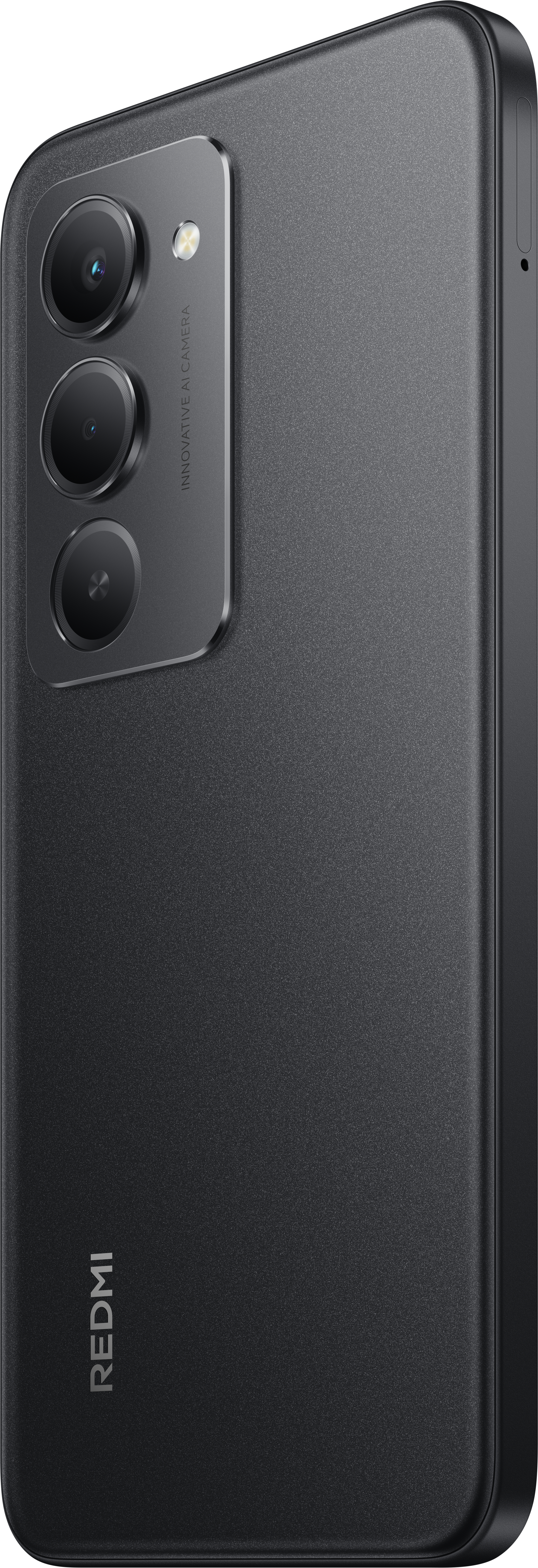 Schwarze Smartphone-Rückseite mit drei Kameralinsen. Das Redmi-Logo befindet sich unten. Text der innovativen KI-Kamera ist sichtbar.