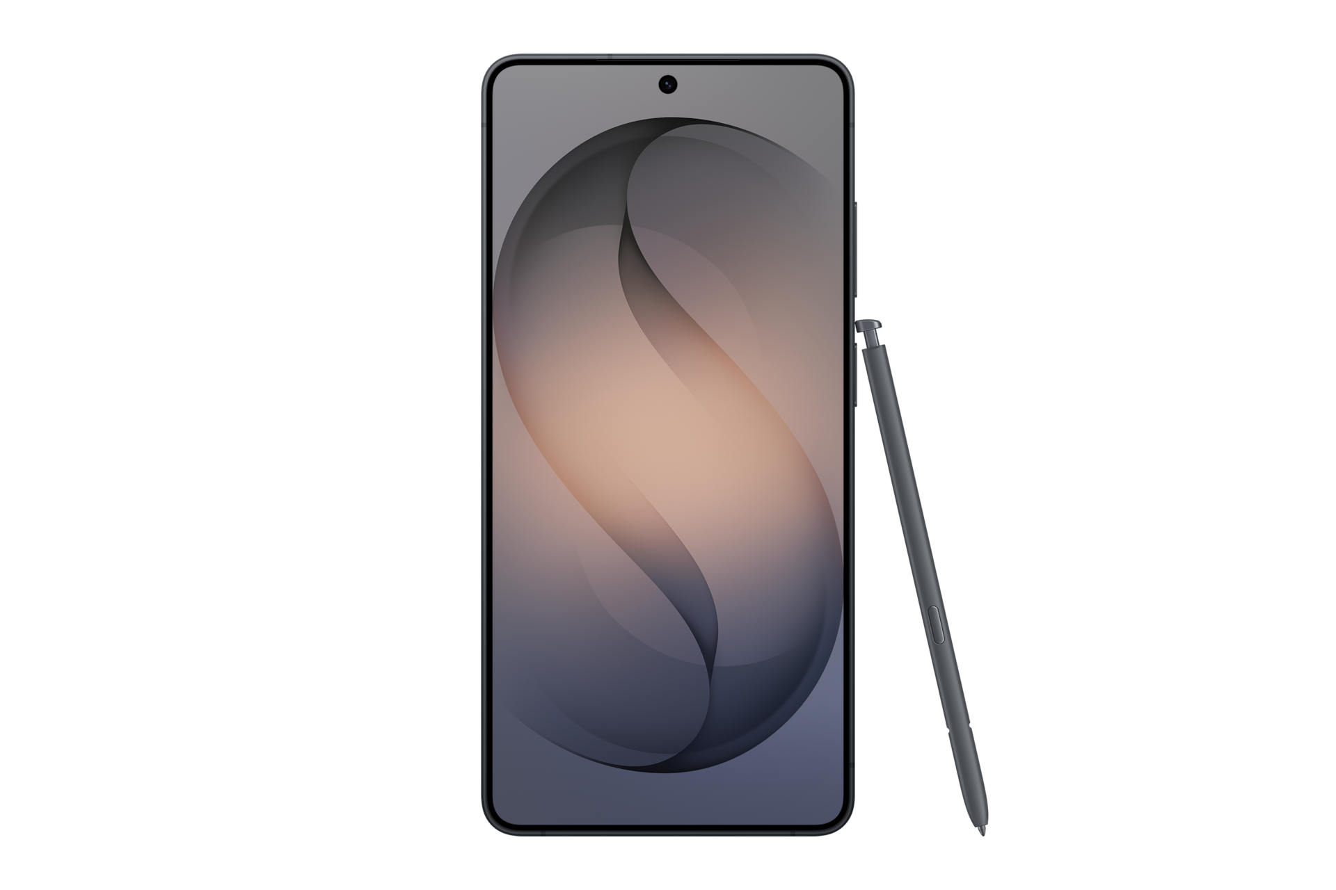 Ein dunkles Smartphone mit einem Stift, der daneben liegt. Abstrakte Hintergrundgrafik.