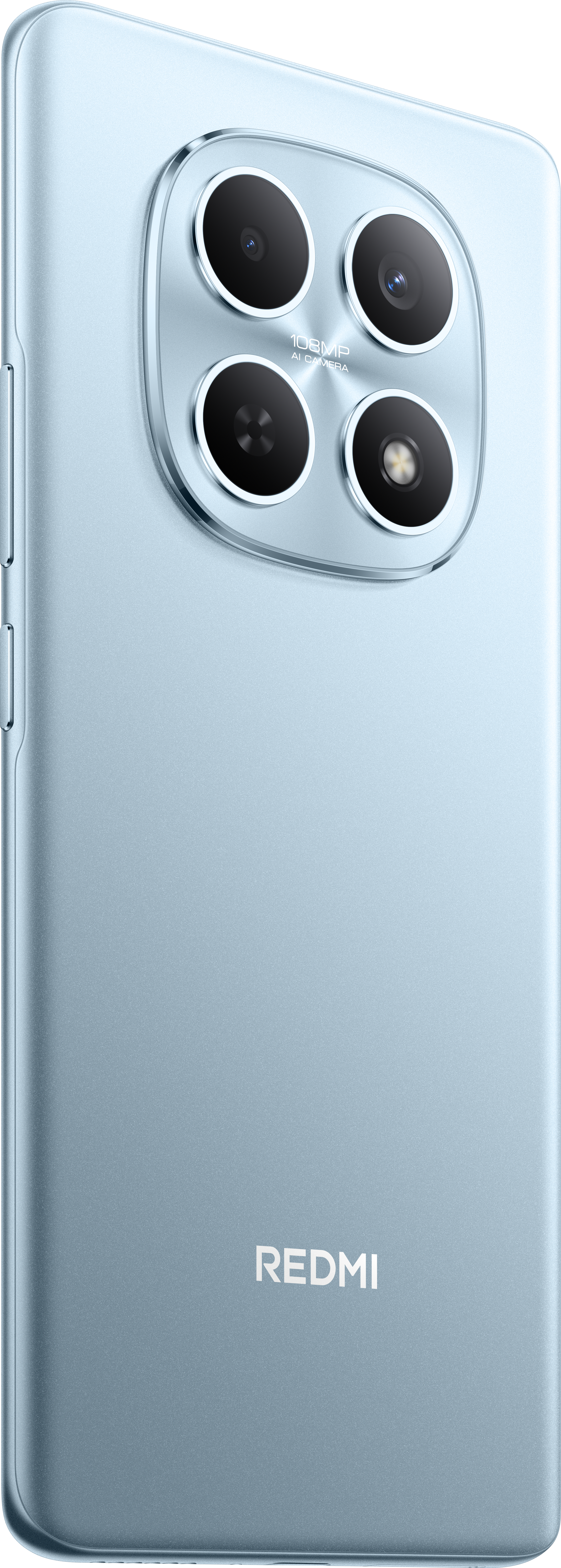 Hellblaues Redmi-Handy-Rückseite. Vier Kameralinsen in einem Kreis. Redmi-Logo unten. Das Handy hat ein Metallic-Finish.