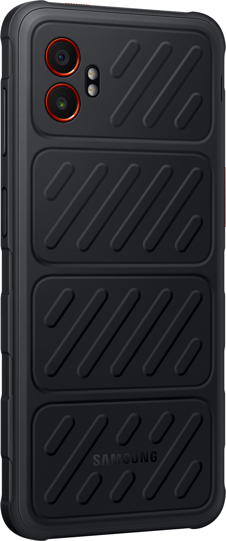 Schwarze Smartphone-Hülle mit robustem Design. Zwei orangefarbene Kameraobjektive sind oben sichtbar.