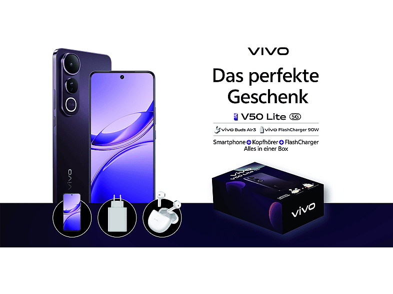 VIVO V50 Lite 5G inkl. Vivo Buds Air3 & 90 Watt FlashCharger, 256 GB, Schwarz, Dual SIM