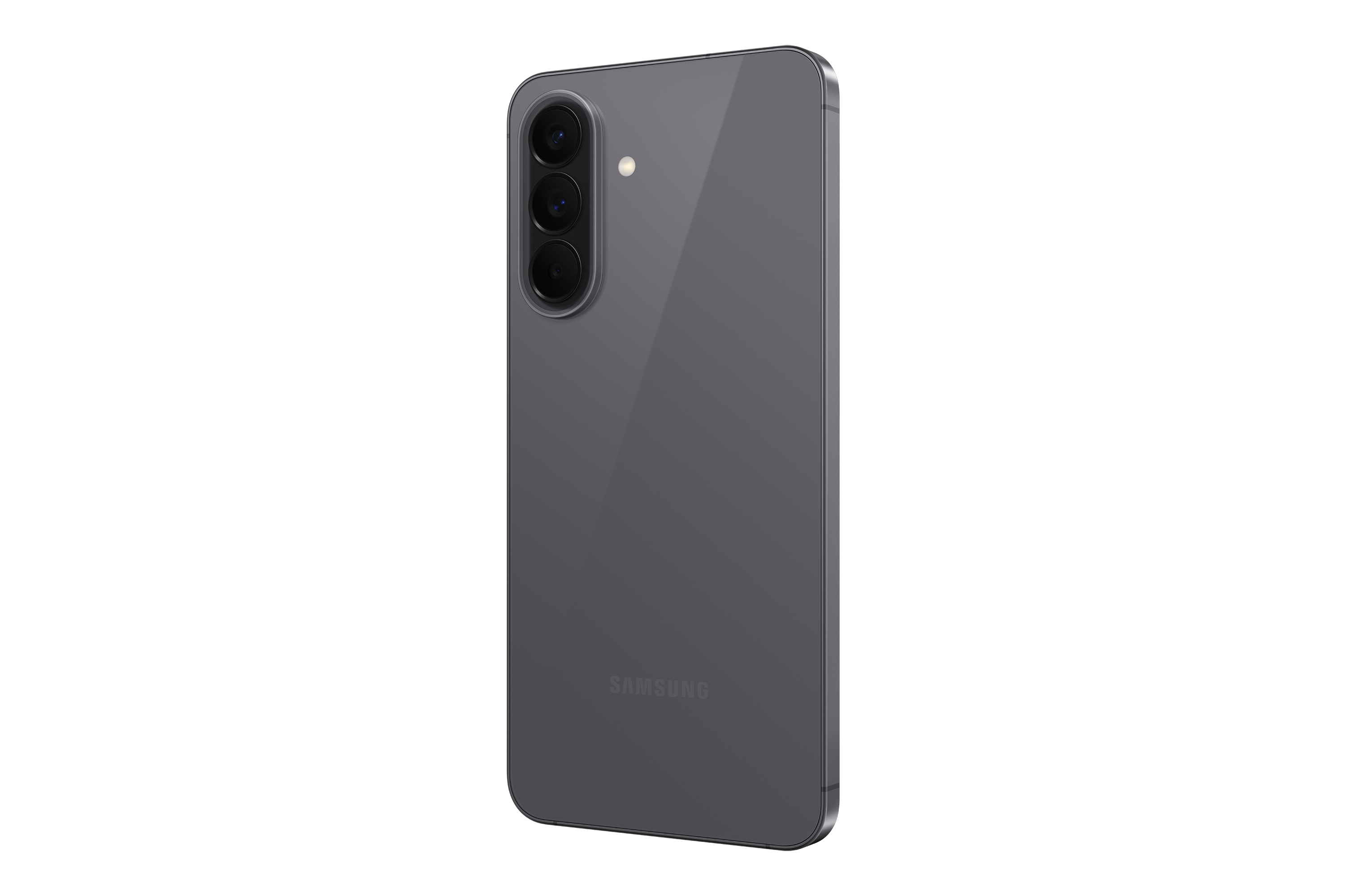 Ein graues Smartphone mit drei Kameras auf der Rückseite und dem Samsung-Logo.