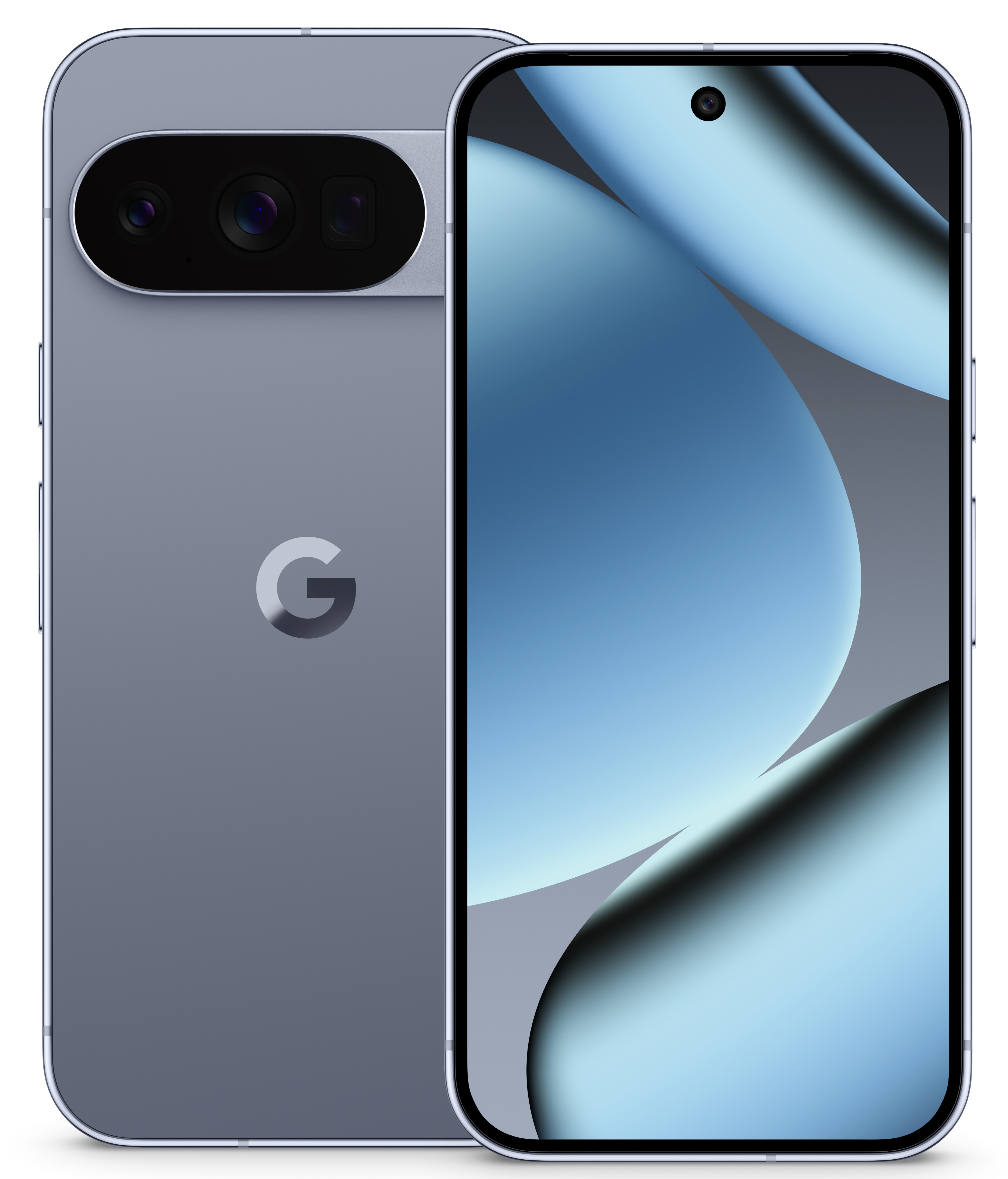 Graues Smartphone, zeigt Rückseite und Bildschirm. Rückseite mit Kameras und Google-Logo. Bildschirm mit blau-weißem Design.