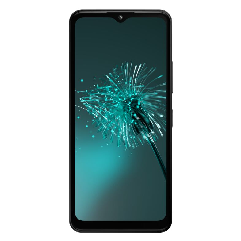 Schwarzes Smartphone mit tealfarbenem floralem Display.