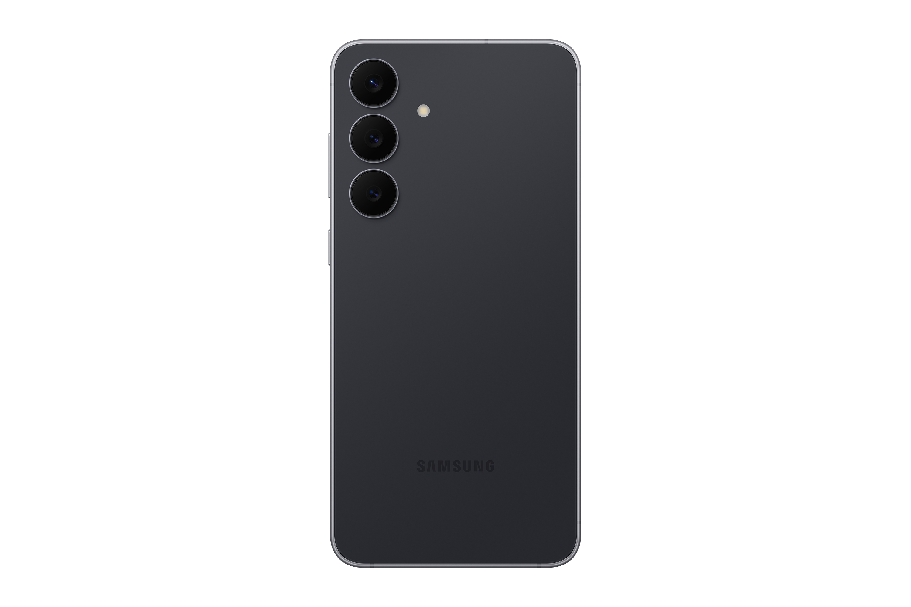 Rückseite eines dunkelgrauen Smartphones. Drei Kameras sind vertikal ausgerichtet, mit Samsung-Logo unten. Schwarzer Hintergrund.