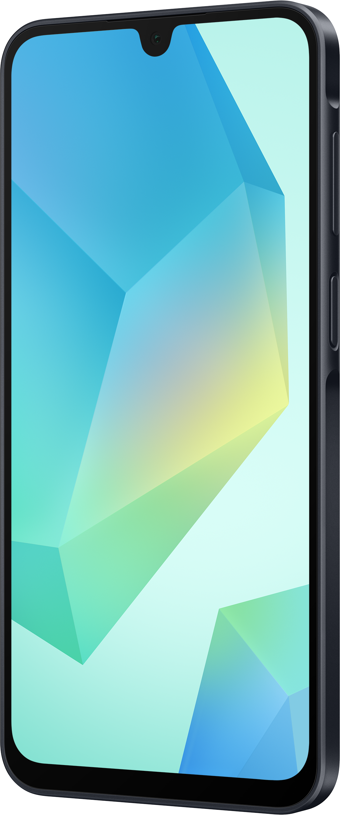 Schwarzes Smartphone mit geometrischen Formen auf dem Bildschirm. Seitenansicht. Blau, Weiß und Grün.