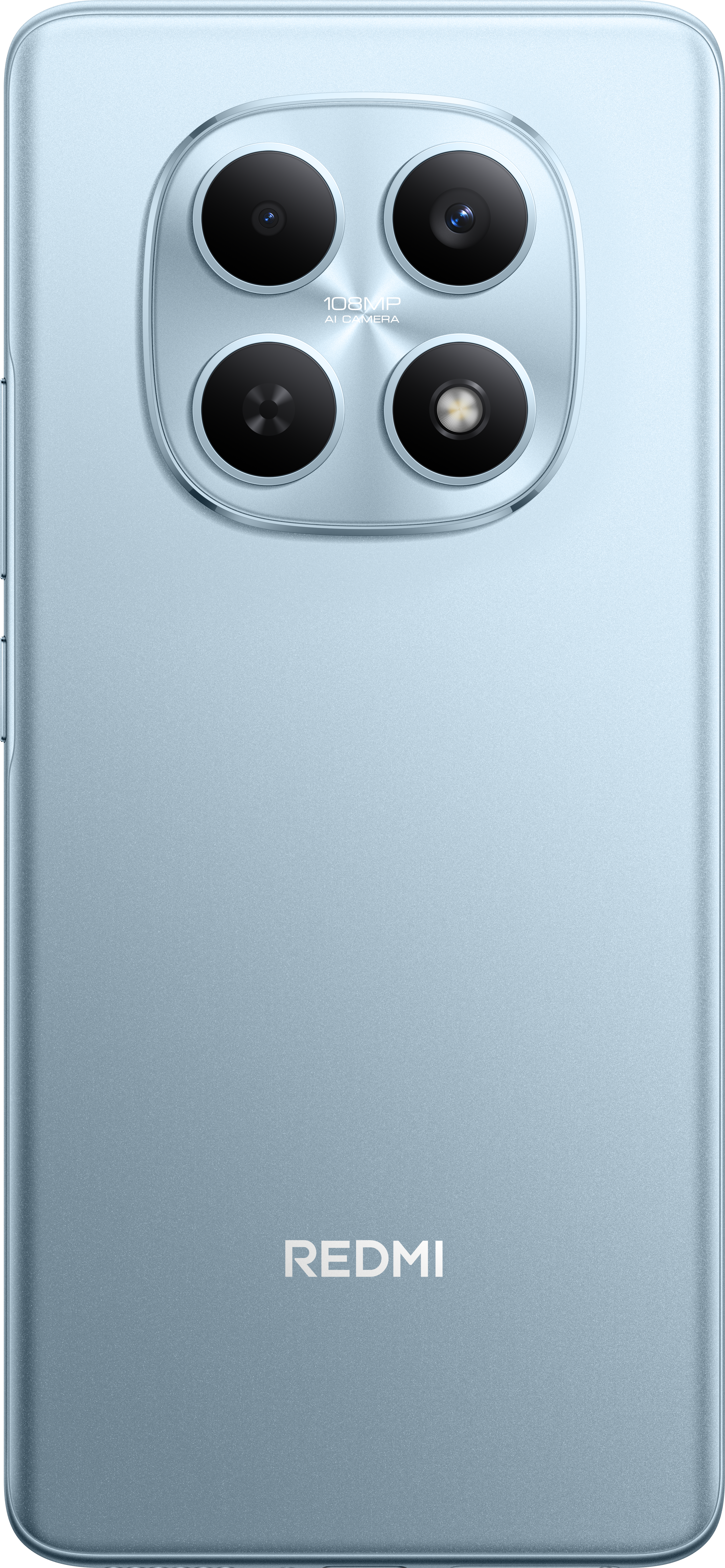 Hellblaues Redmi-Handy-Rückseite. Vier Kameralinsen, 108MP und der Markenname sind sichtbar.