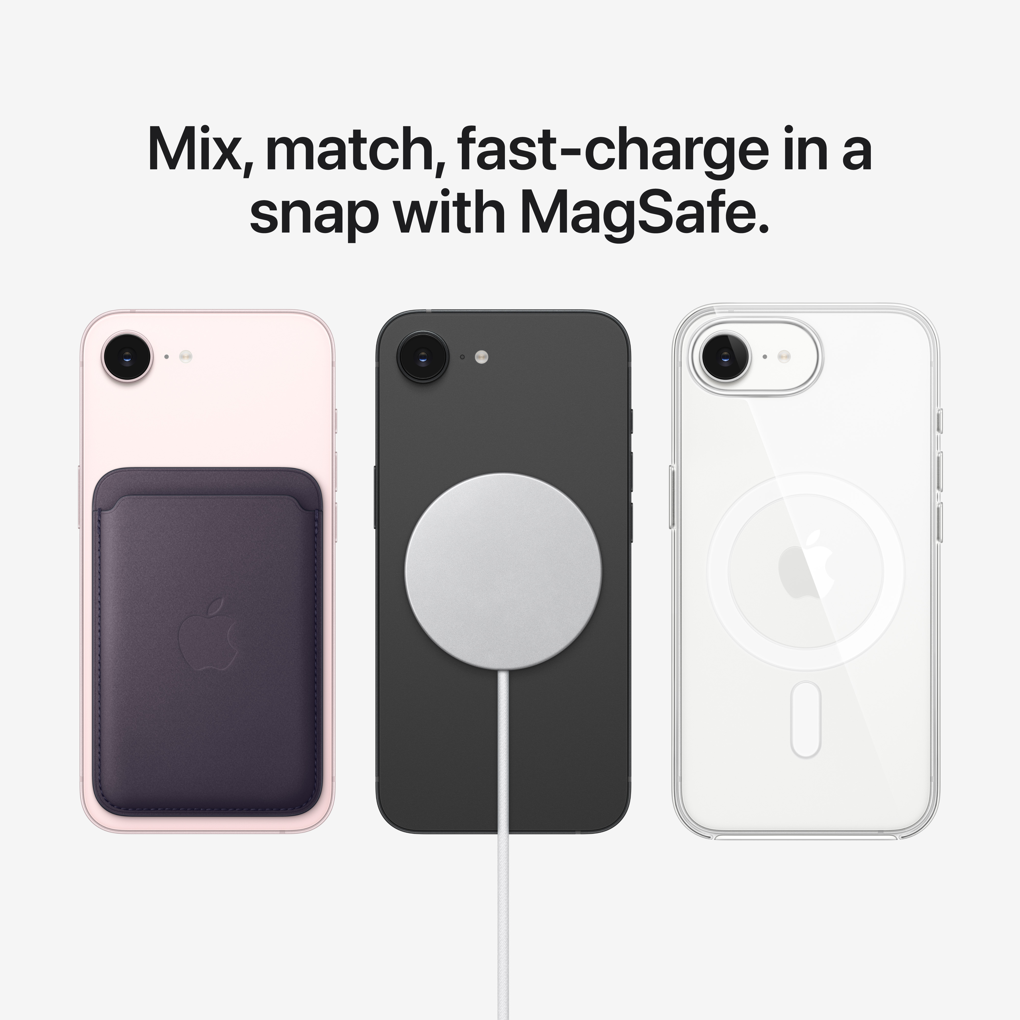 Drei iPhones: rosa mit Hülle, schwarz mit Ladegerät, klar mit Hülle.
