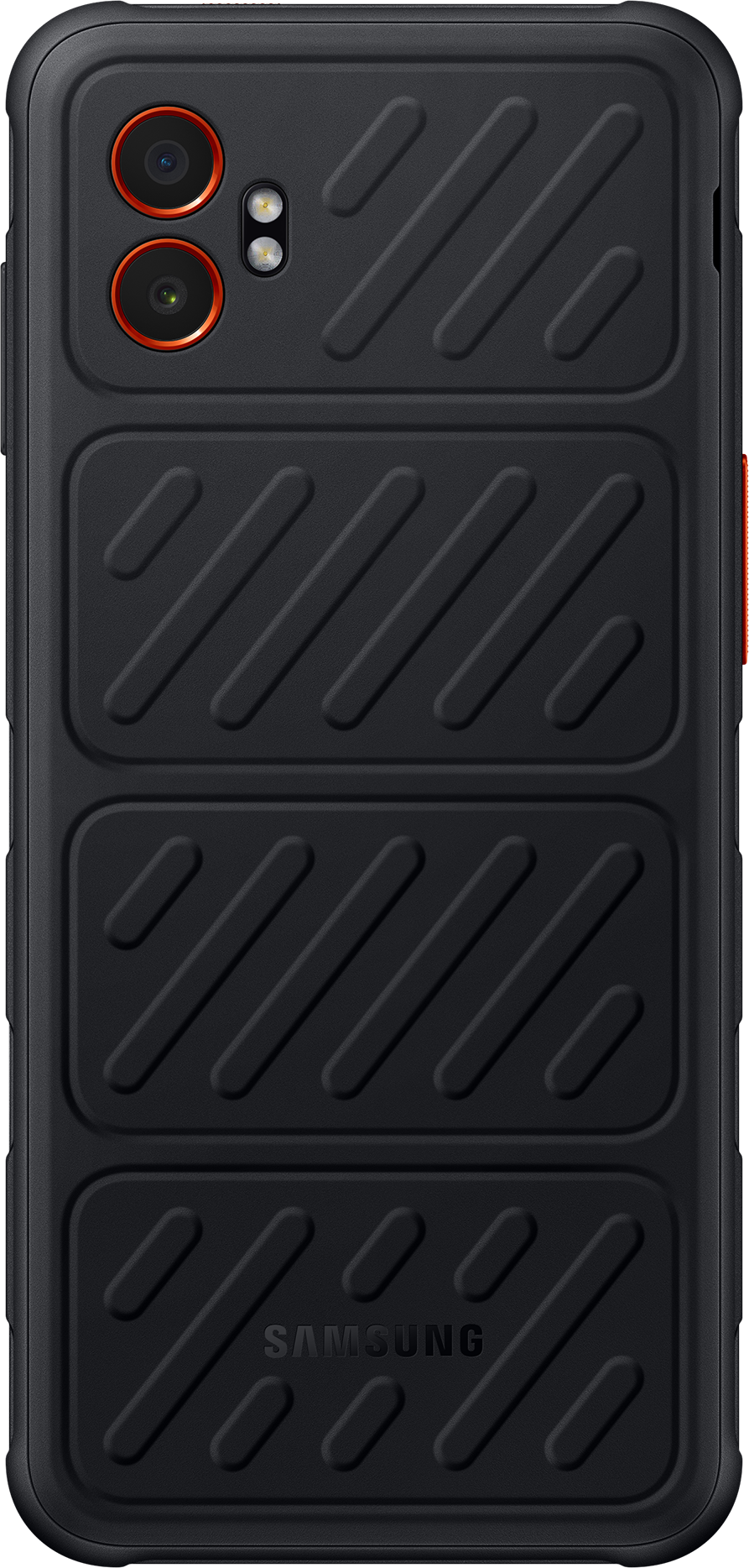 Schwarze Samsung-Handyhülle mit geriffeltem Design. Zwei orangefarbene Kameraringe. Samsung-Logo.