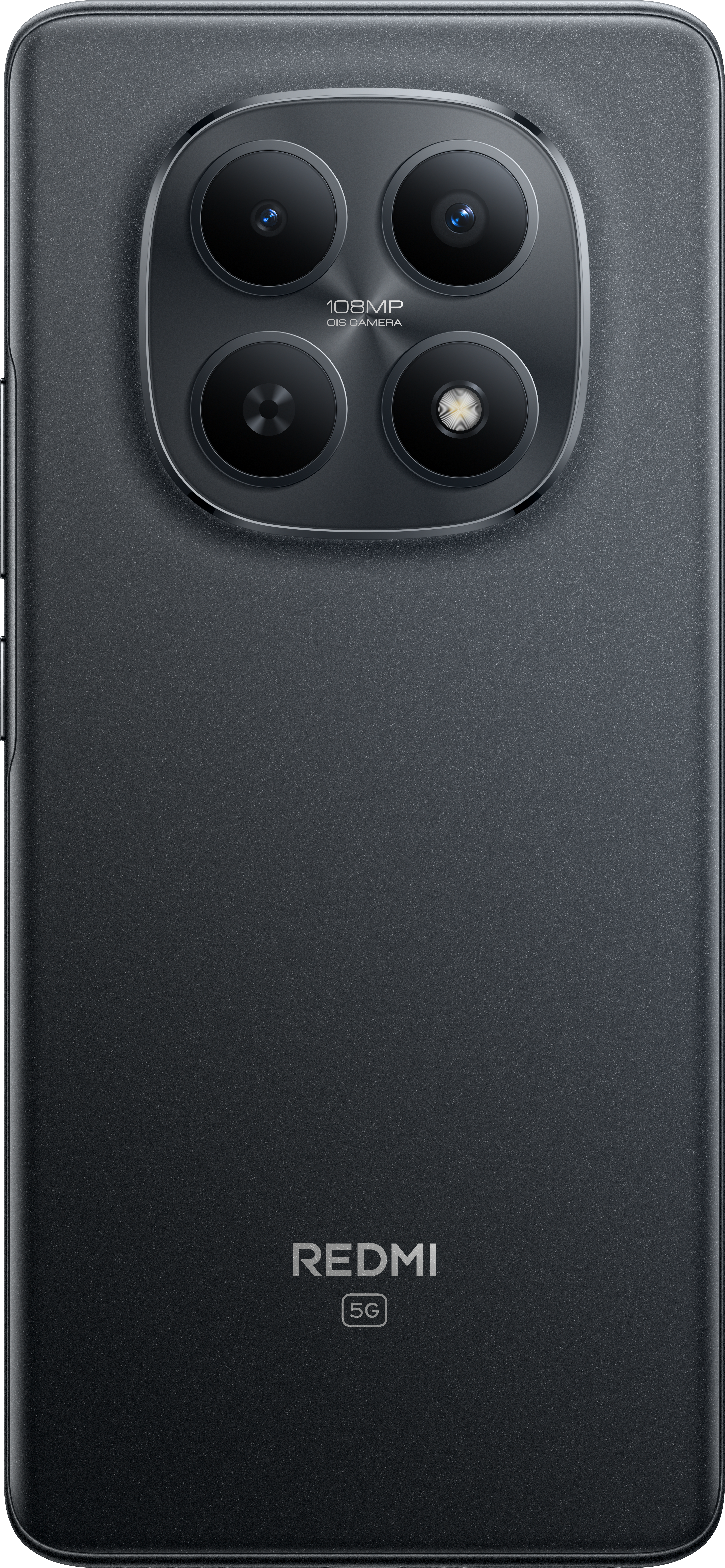 Die Rückseite eines schwarzen Redmi 5G-Telefons. Verfügt über eine Kameraanordnung mit vier Objektiven. Redmi-Logo und 5G-Zeichen sind sichtbar.