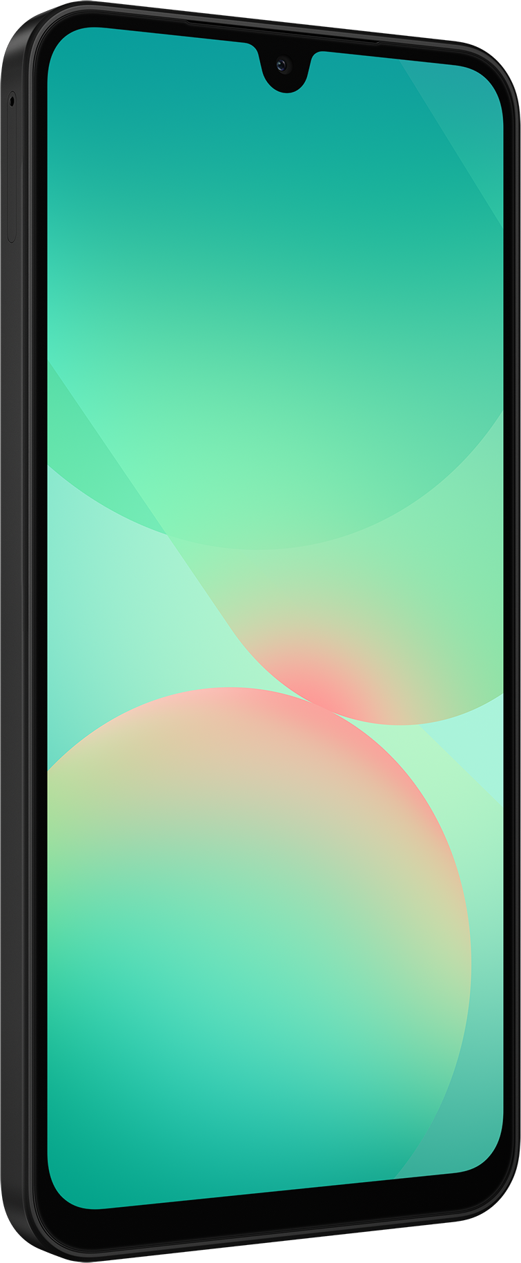 Ein schwarzes Telefon mit grünem und rosa abstraktem Hintergrund auf dem Bildschirm.
