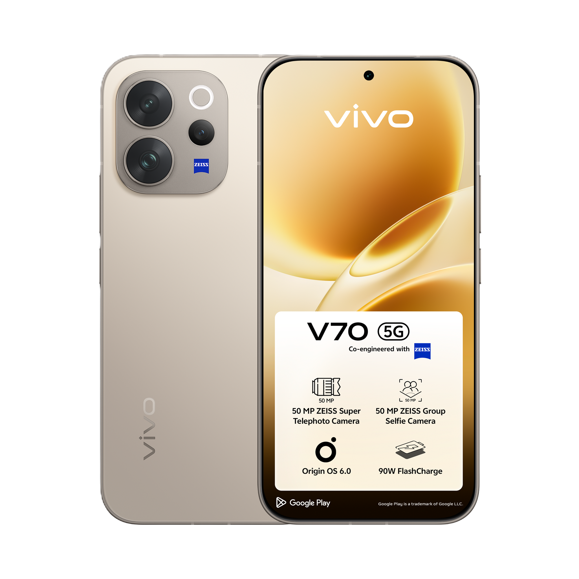 Ein hellgoldenes Vivo V70 5G-Smartphone mit ZEISS-Kamera und goldener Hintergrundgrafik.