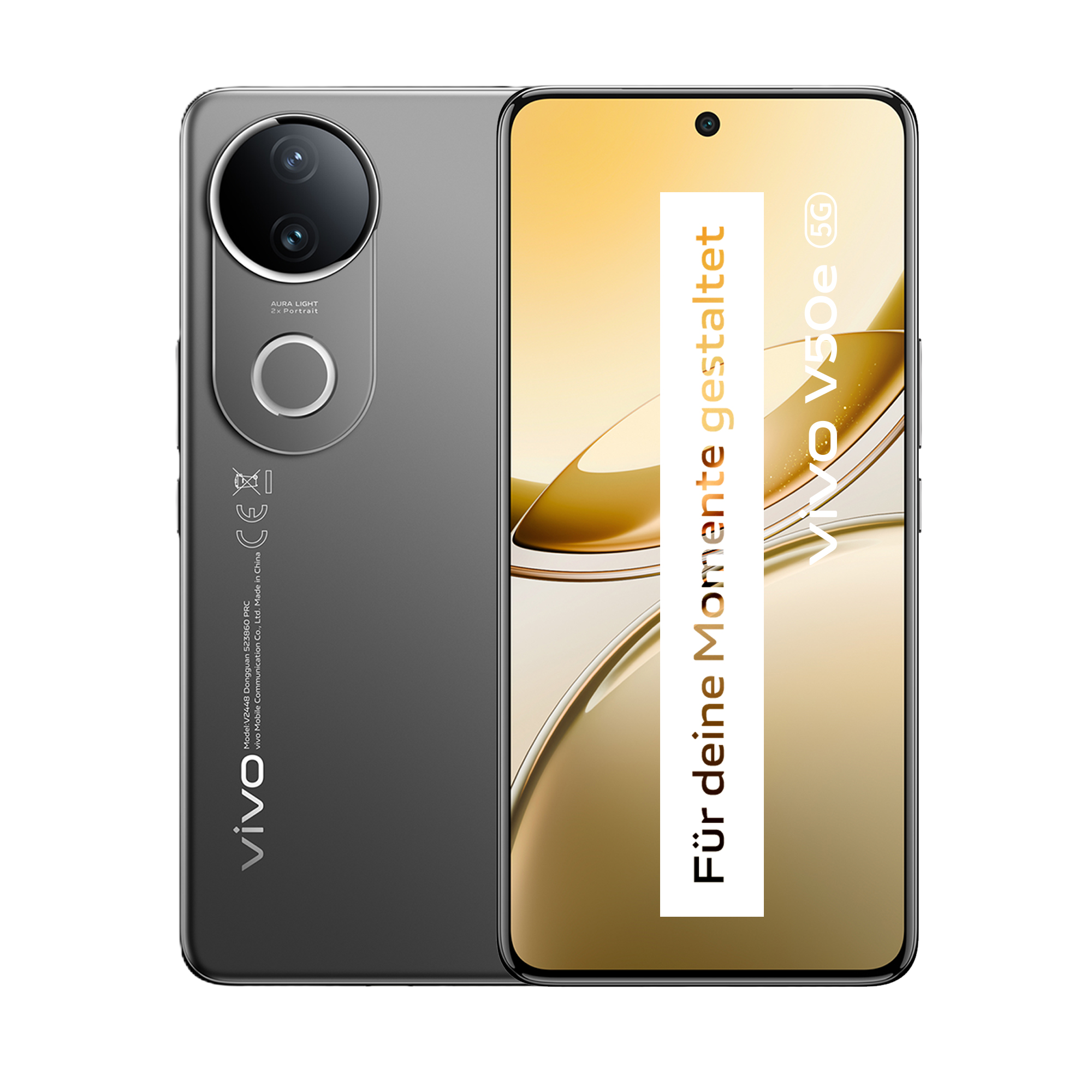 Graues Smartphone zeigt Vorder- und Rückseite, Vivo V50e 5G.