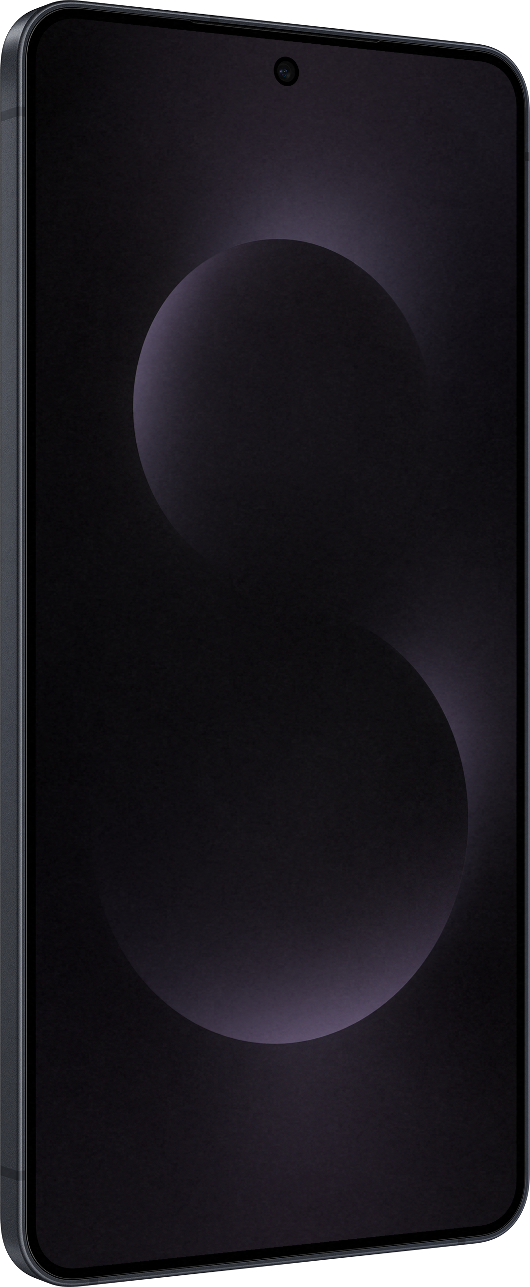 Dunkelgraues Telefon mit dunkelviolettem Bildschirm. Zwei dunkelviolette Kreise im Hintergrund.