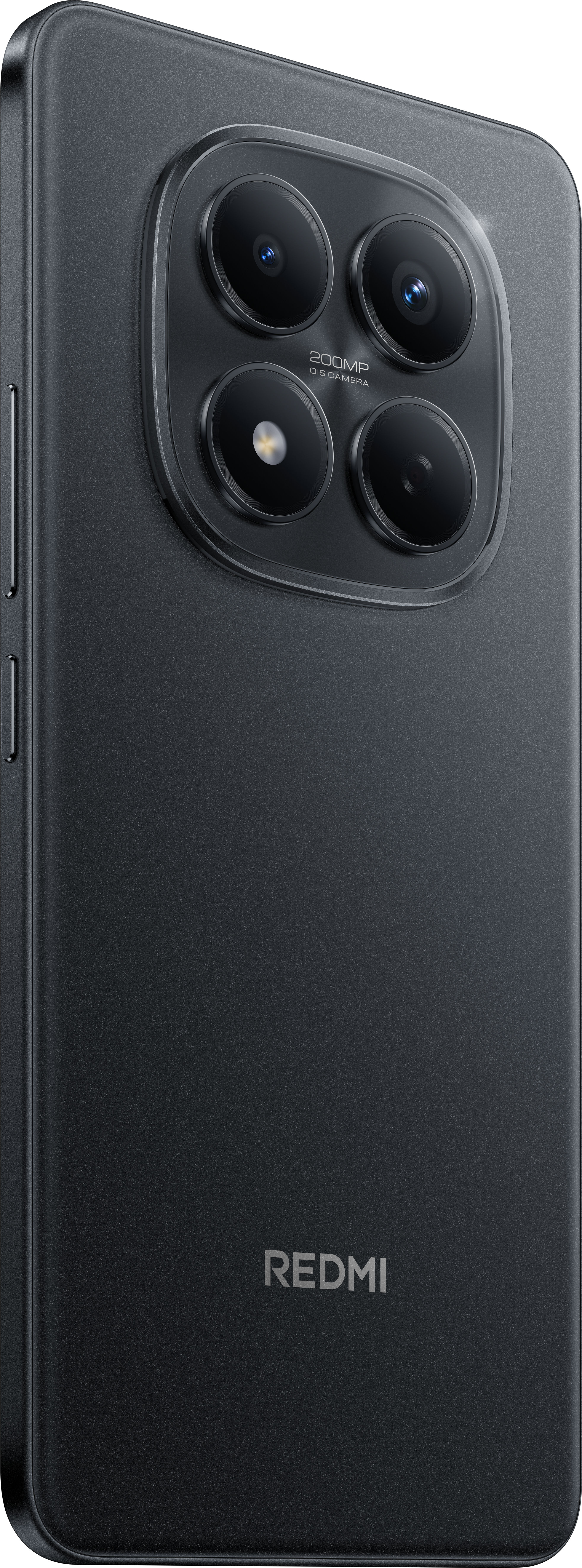 Schwarze Smartphone-Rückseite mit Kameraanordnung und Redmi-Logo. Die Kameraanordnung hat vier Objektive und eine 200MP OIS Kamera.