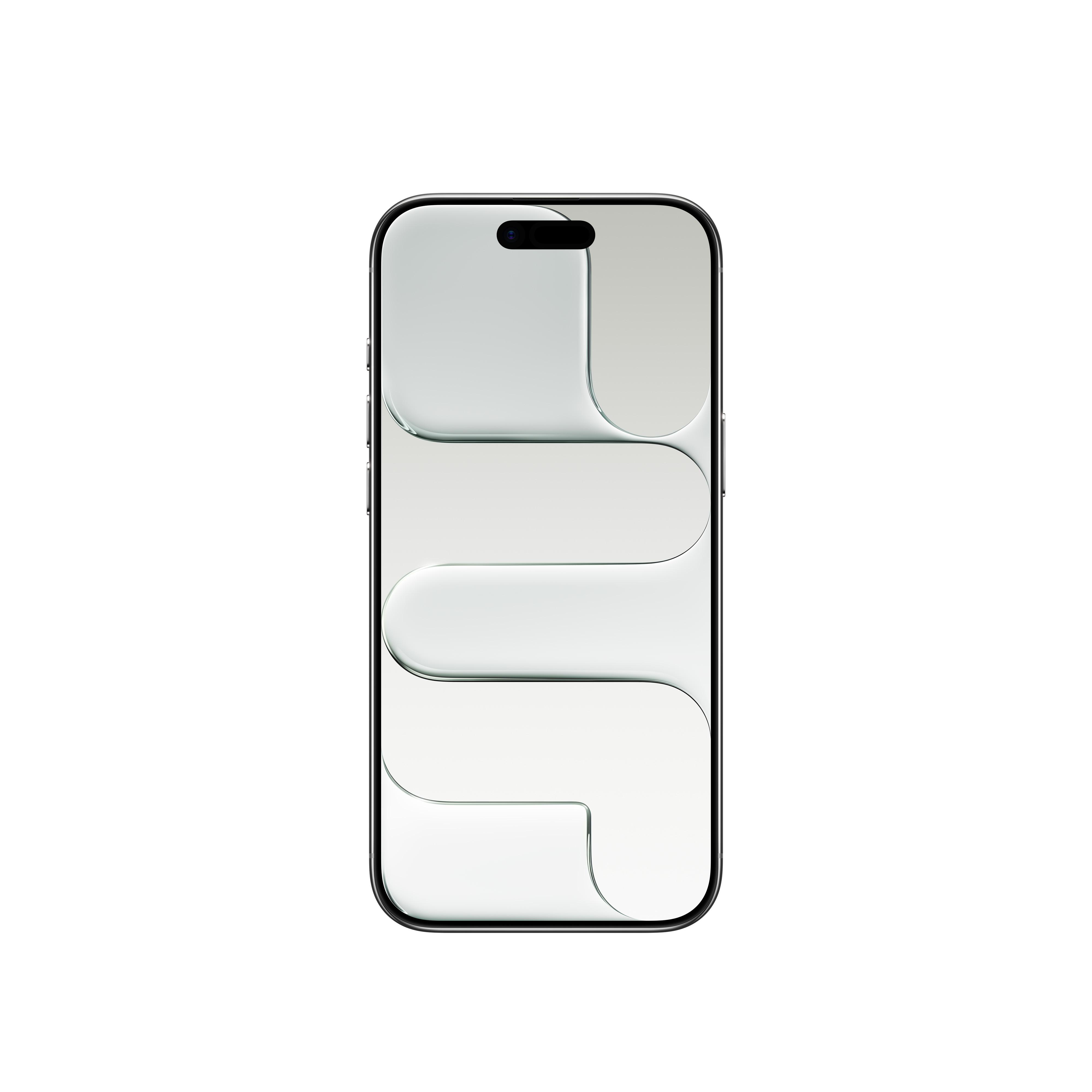 Ein Smartphone mit schwarzem Rahmen und einem hellfarbigen Bildschirm mit abstraktem Design, vor weißem Hintergrund.