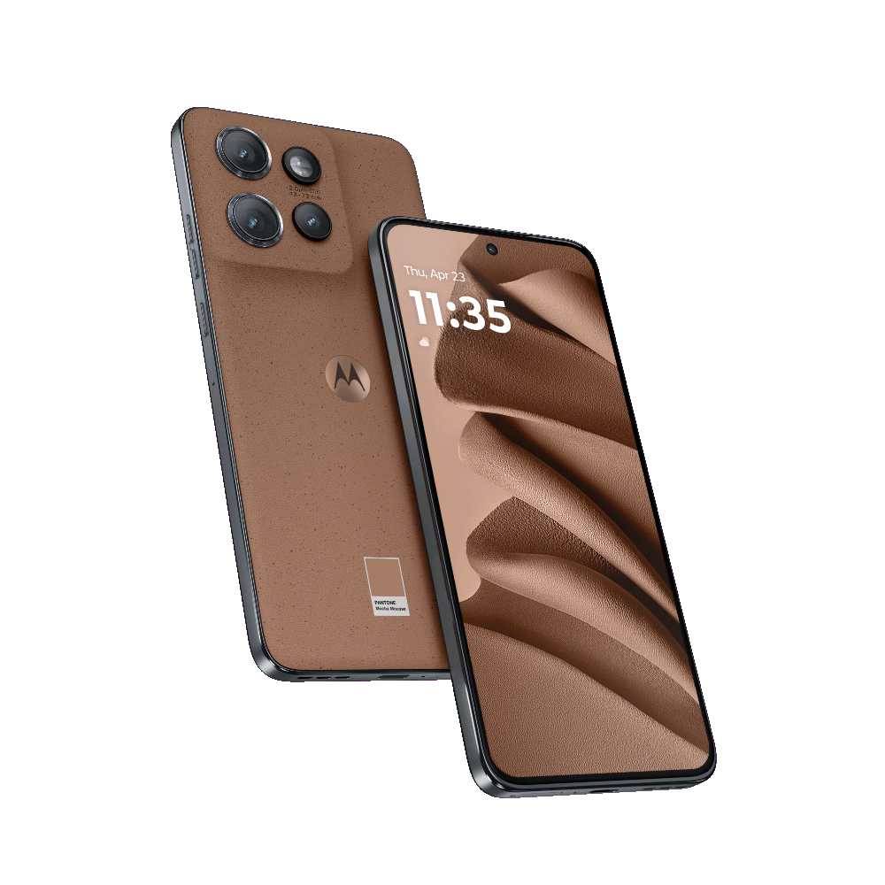 Zwei braune Smartphones. Eines mit Leder-Rückseite und das andere zeigt einen bunten abstrakten Hintergrund.