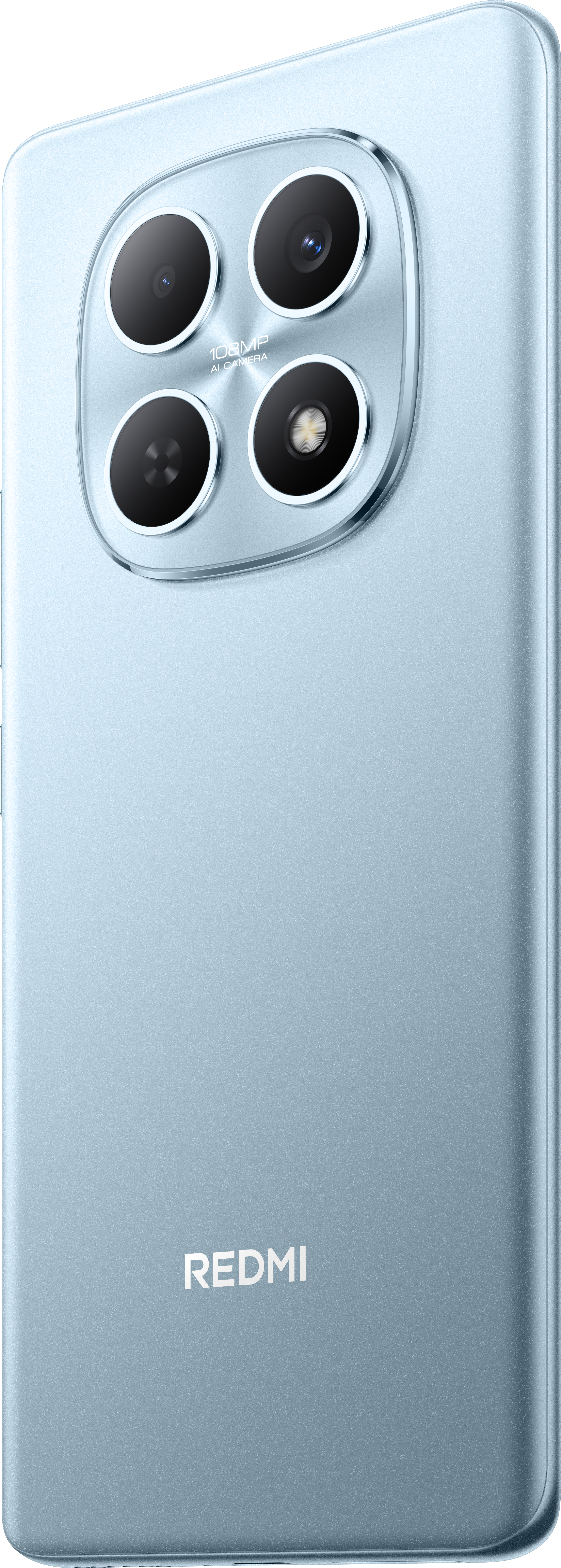 Hellblaue Redmi-Telefonrückseite. Vier Kameralinsen, silberne Blende und das Redmi-Logo.