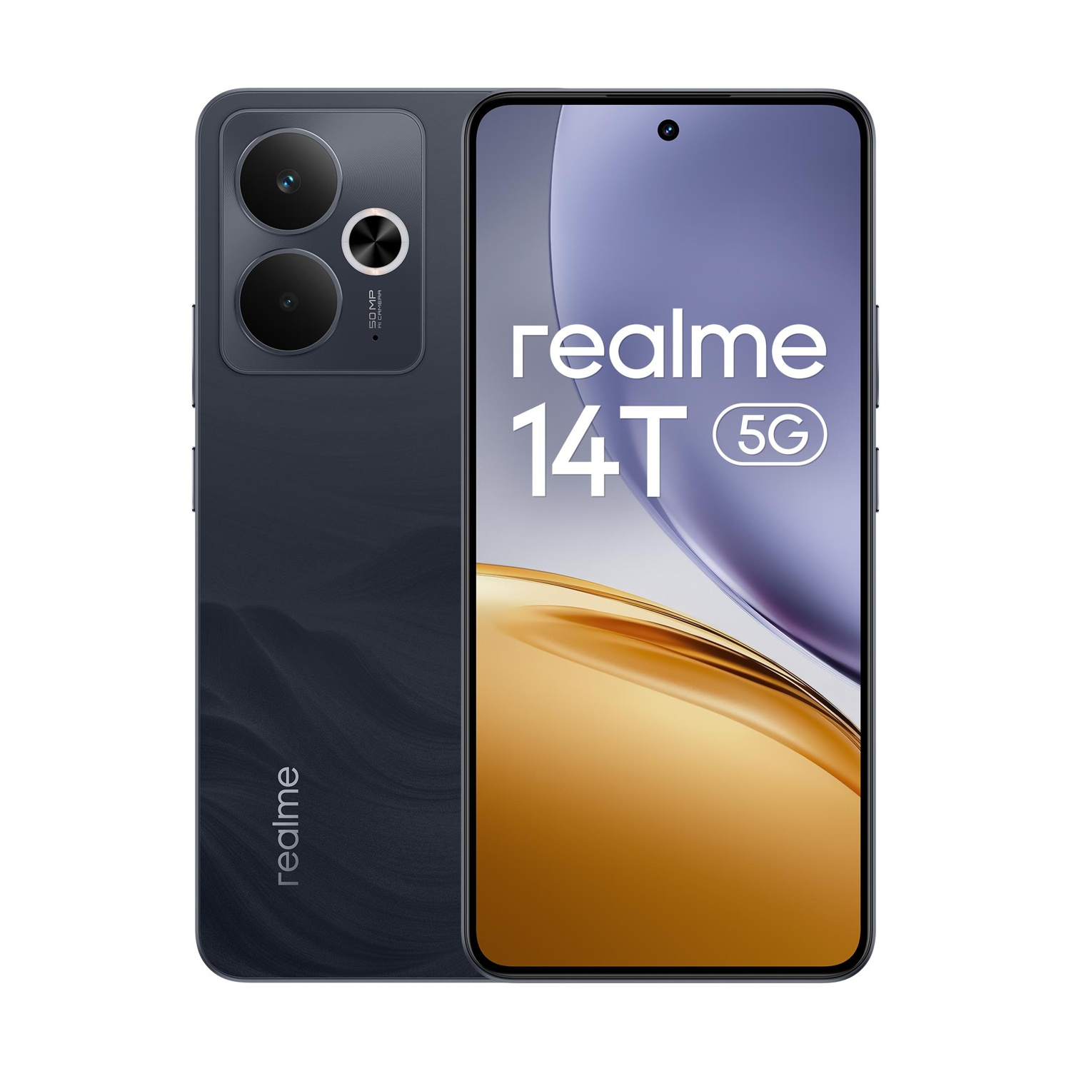 Schwarzes und lilafarbenes Realme 14T 5G-Telefon, das den Bildschirm zeigt, mit Dreifachkamera auf der Rückseite.