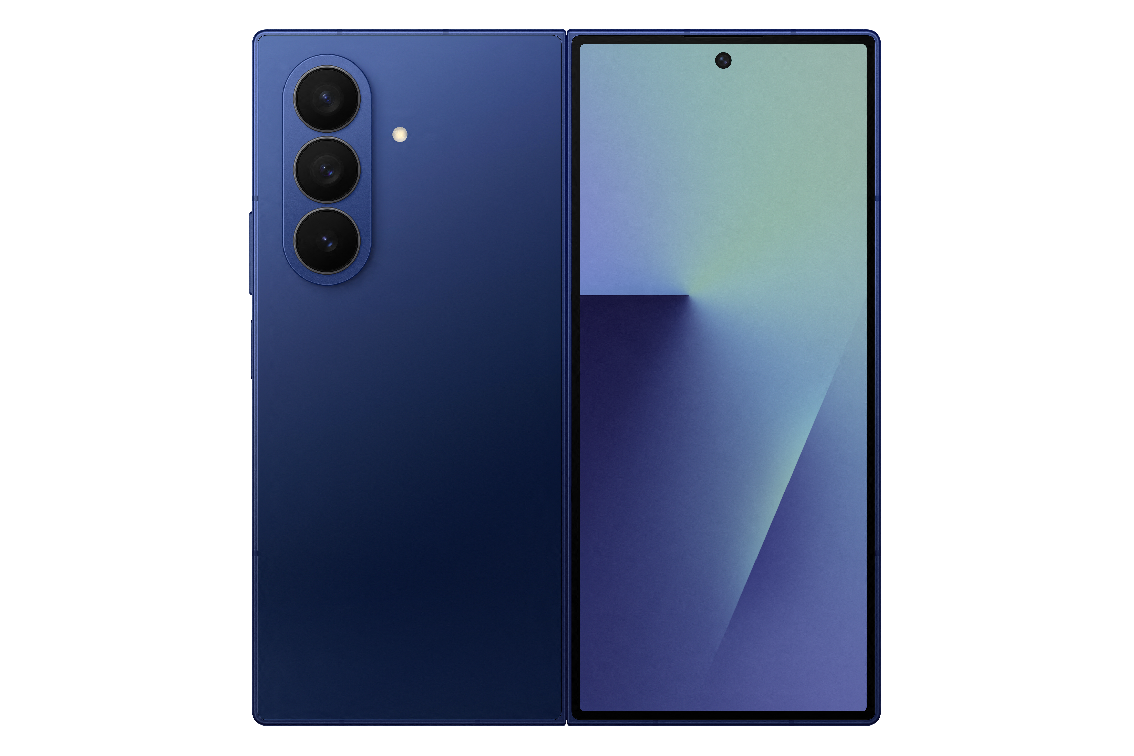 Ein blaues faltbares Telefon ist geöffnet und zeigt den Bildschirm. Die Rückseite hat drei Kameras. Der Hintergrund ist schwarz.