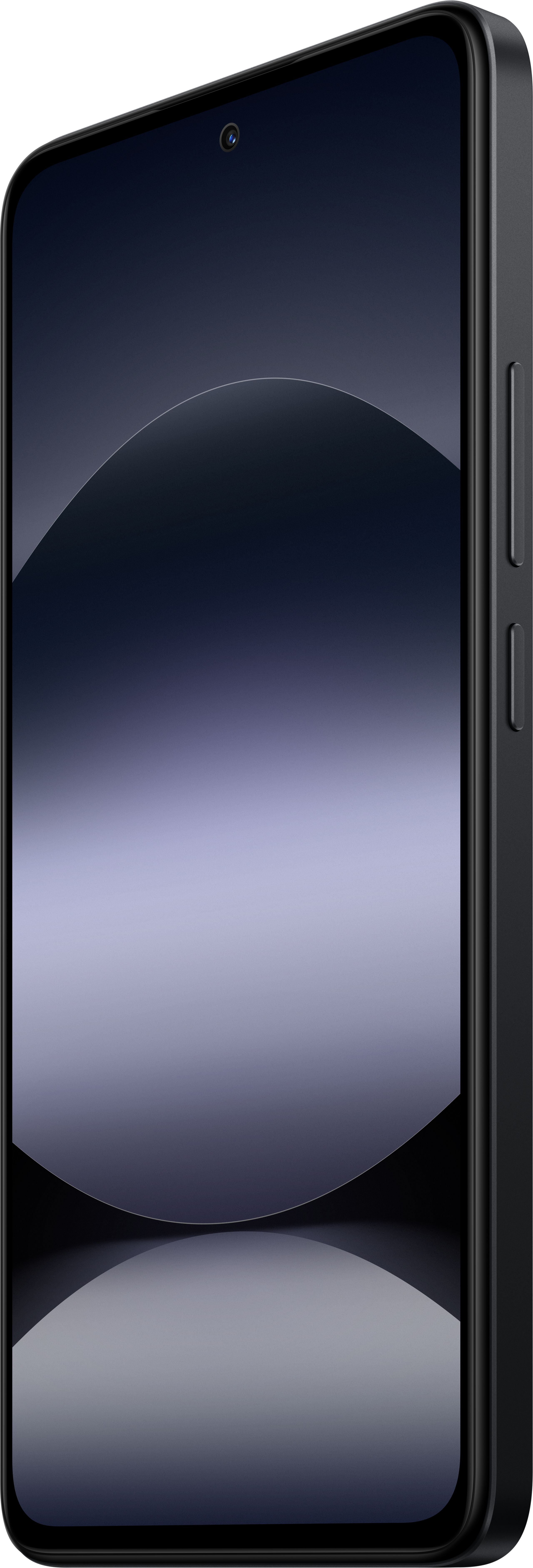 Schwarzes Smartphone, Ansicht von der Seite. Der Bildschirm zeigt einen reflektierenden Farbverlauf. Ein/Aus- und Lautstärketasten an der Seite.
