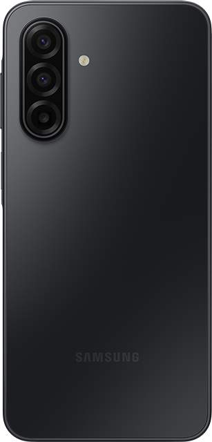 Schwarze Smartphone-Rückseite. Mit vertikaler Kamera, LED-Blitz und Samsung-Logo. Die Oberfläche ist glatt und dunkel.
