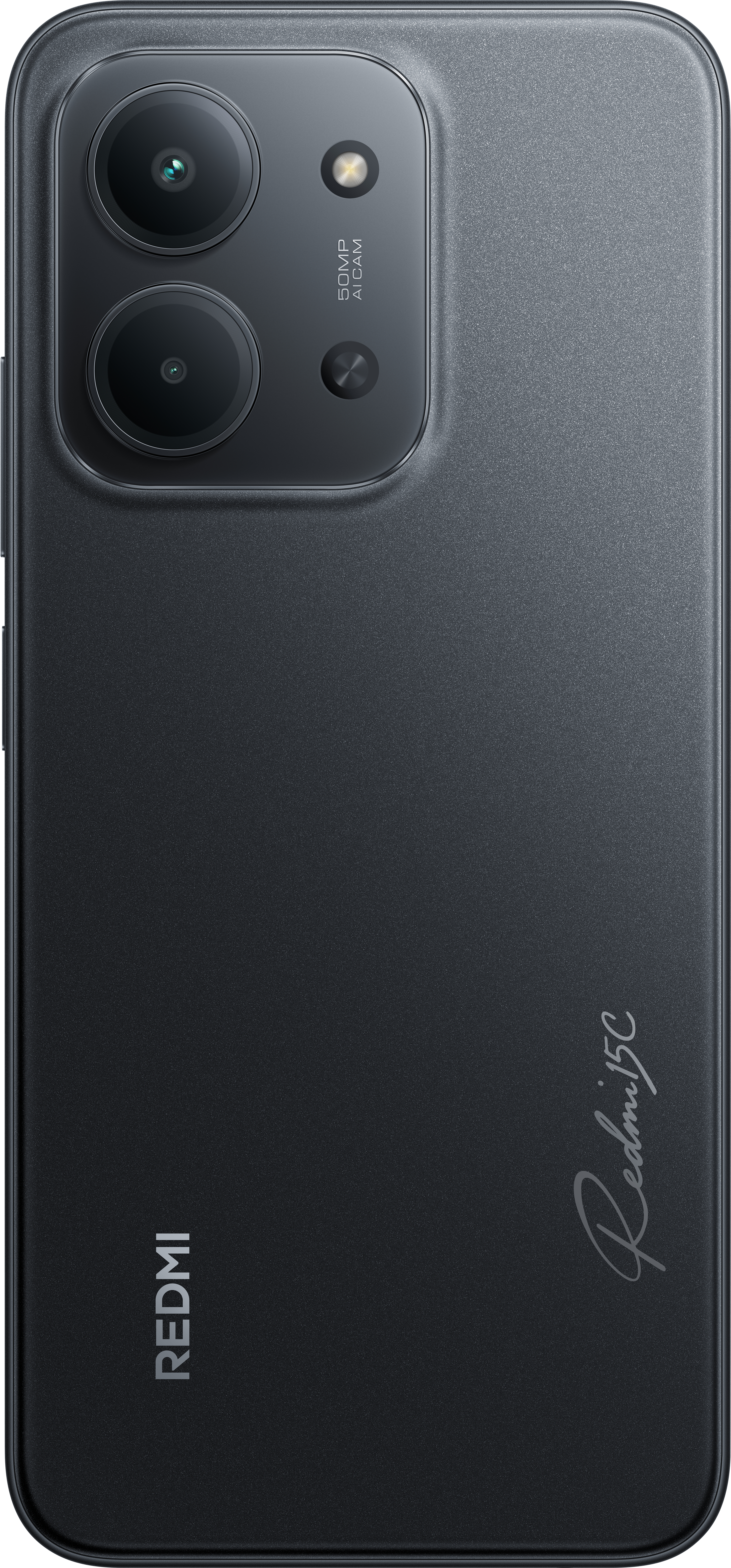 Schwarze Rückseite des Redmi 15C-Telefons. Mit zwei Kameras, Blitz und Logo. Strukturierte Oberfläche mit Redmi 15C-Schriftzug. Redmi-Logo unten.