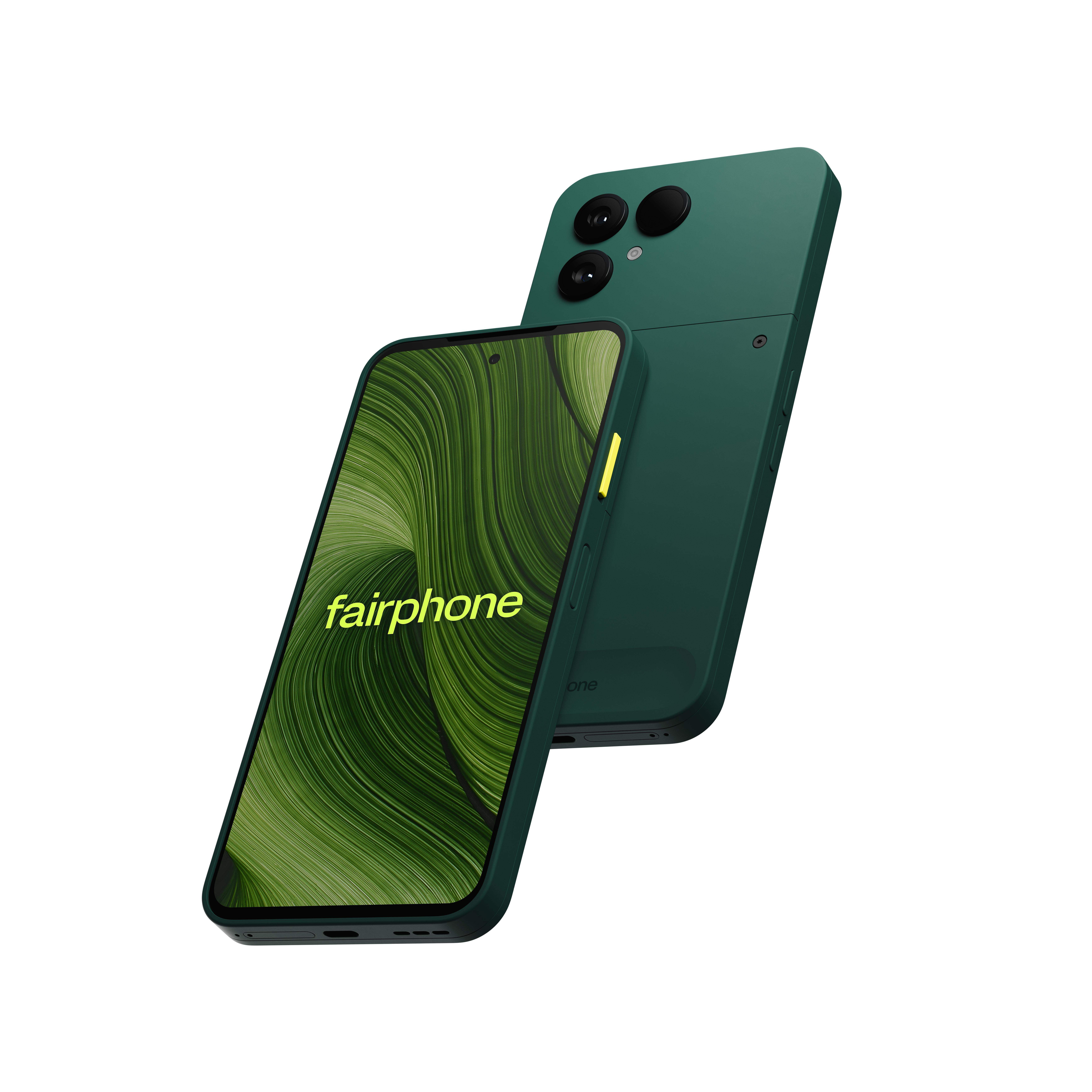 Zwei grüne Fairphone-Smartphones. Eines zeigt ein grünes Muster und das Wort 'fairphone'. Das andere hat Kameralinsen.