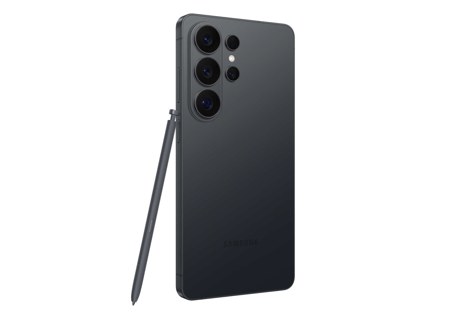 Dunkelgraues Samsung-Smartphone mit S-Stift und vier Kameralinsen.