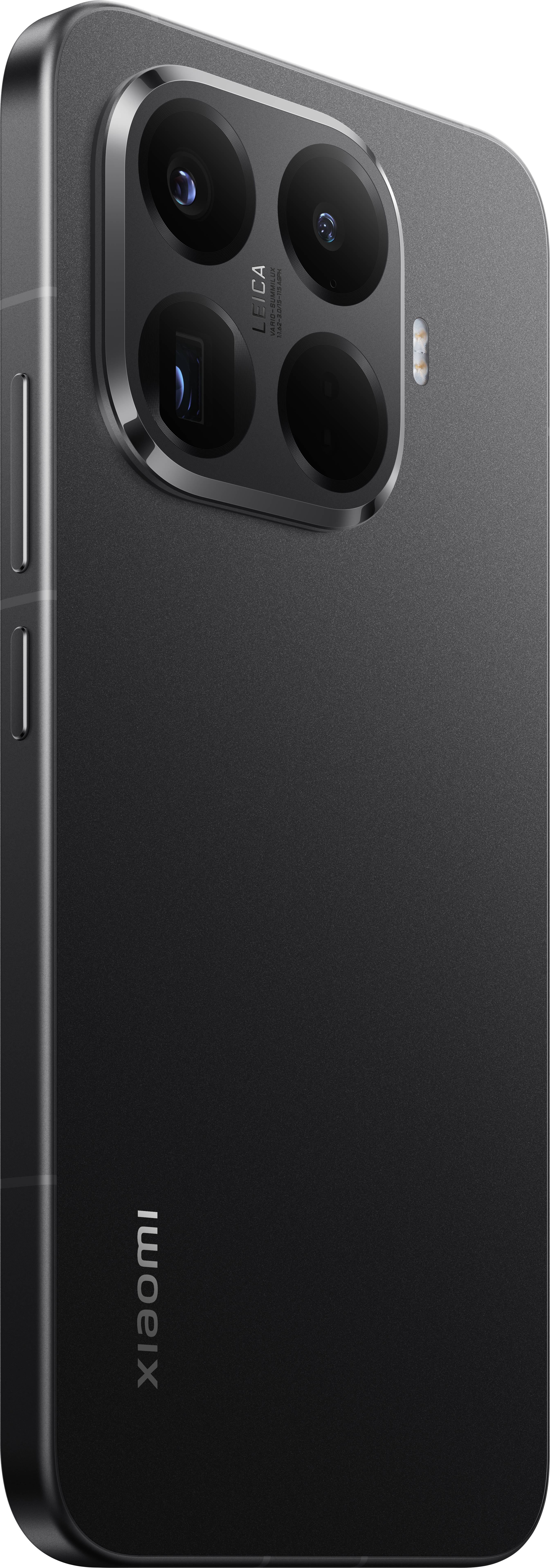 Schwarzes Smartphone mit Kameraarray mit mehreren Objektiven. Das Leica-Logo ist sichtbar. Xiaomi-Branding ist auf dem Telefon.
