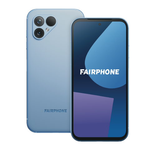 Zwei hellblaue Fairphone-Smartphones, eines zeigt den Bildschirm, das andere die Rückseite mit Kameras.