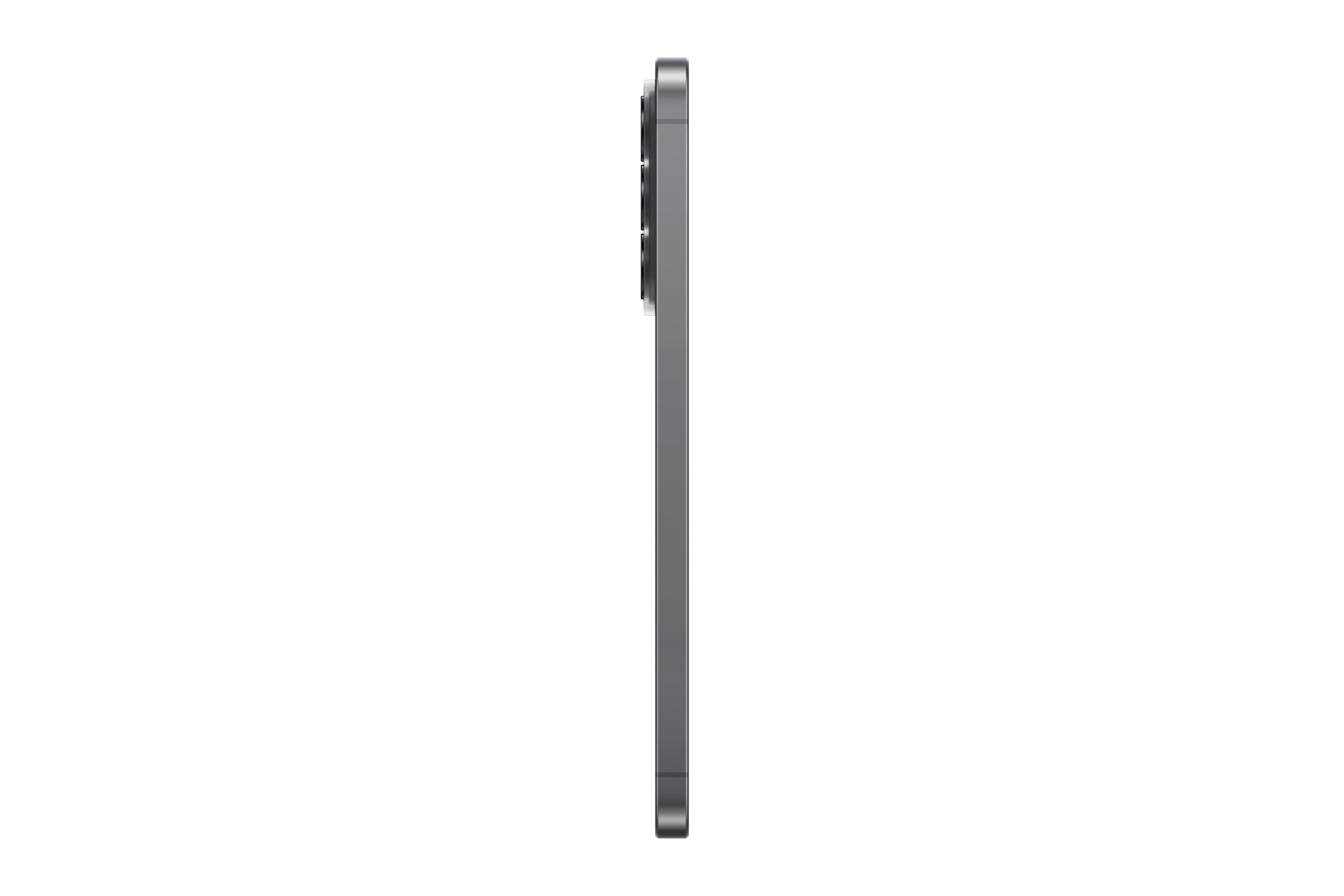 Graues Smartphone im Profil mit Kameramodul auf schwarzem Hintergrund.