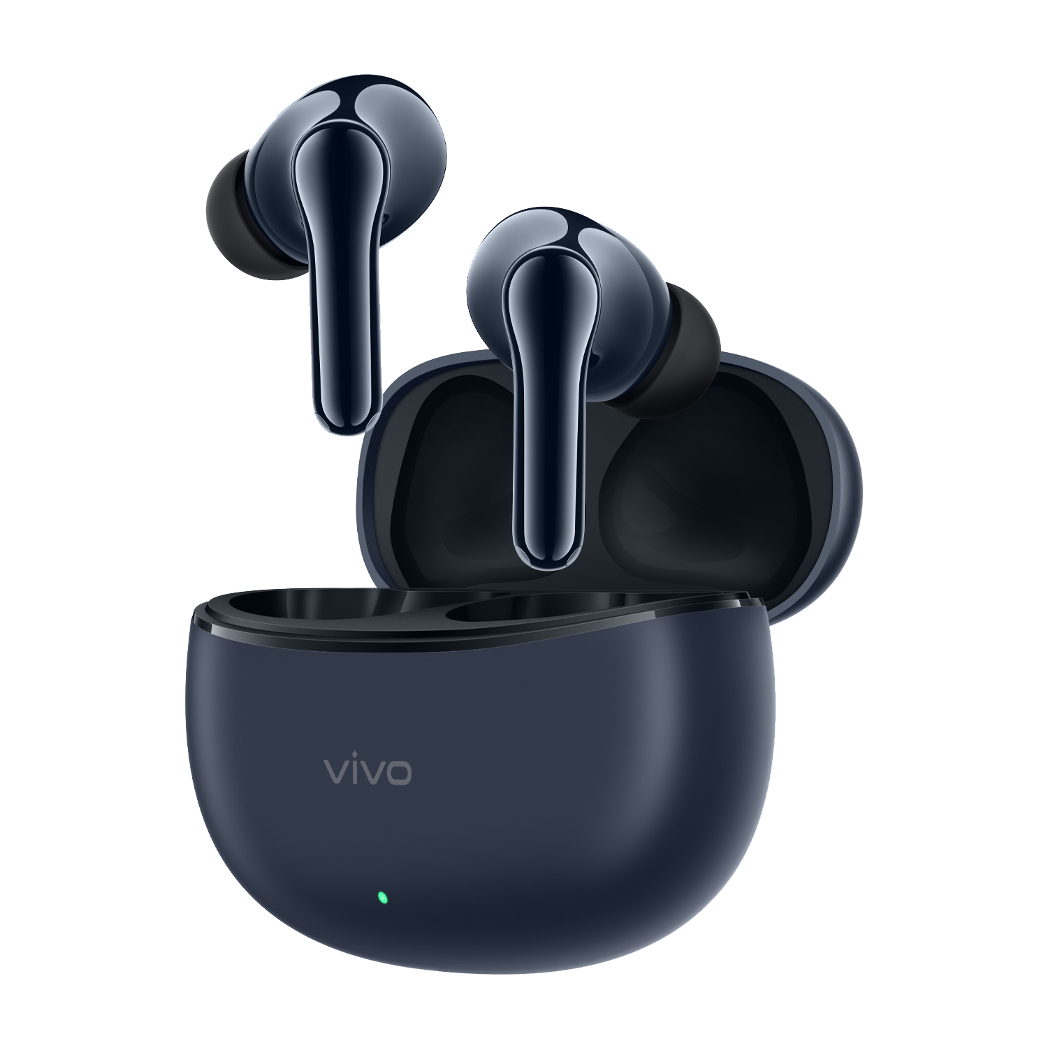Dunkelblaue Vivo-Wireless-Ohrhörer und Ladeetui, offen, mit grüner LED.