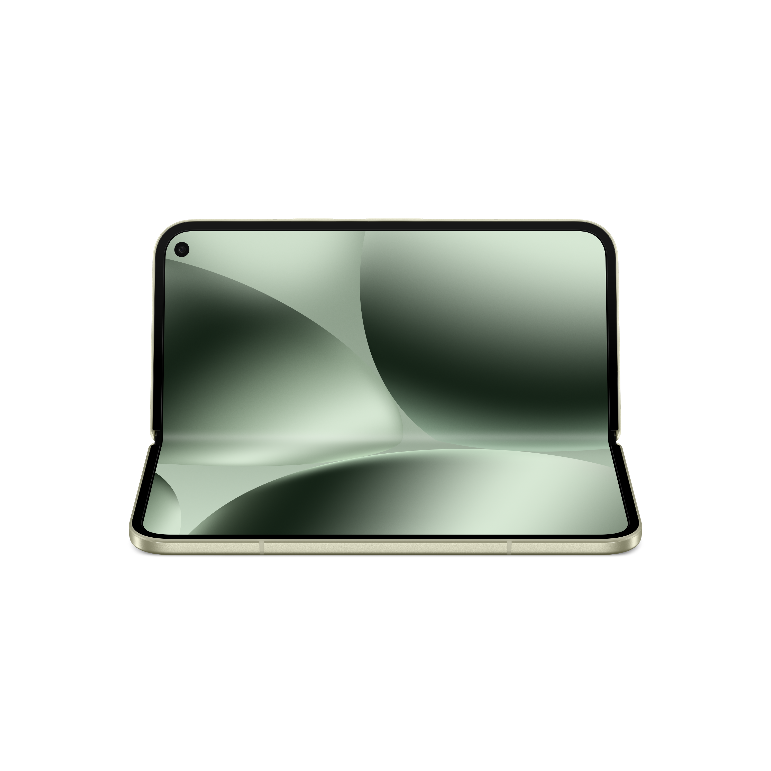 Faltbares Telefon, geöffnet, zeigt grünes abstraktes Design auf schwarzem Hintergrund, mit Kamera. Goldener Rahmen.