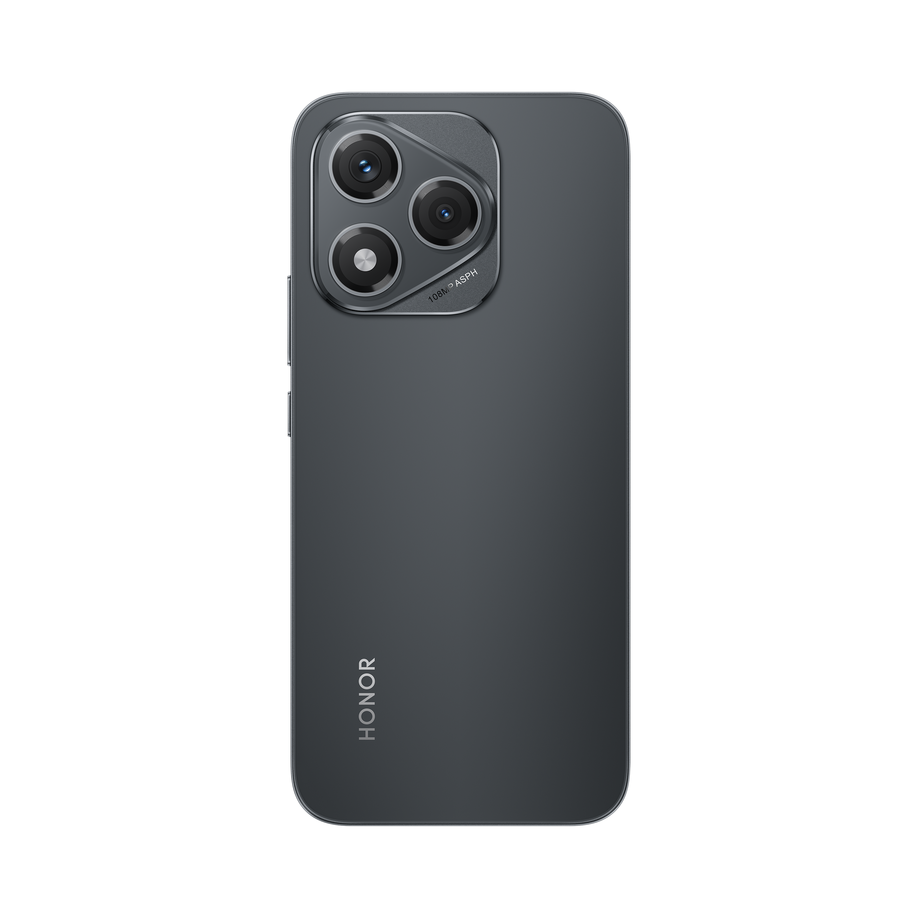 Dunkelgraues Telefon mit Dreifachkameras. Honor-Logo. Schwarzer Hintergrund.