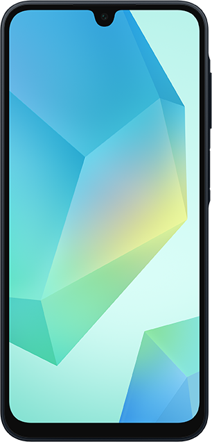 Smartphone-Bildschirm mit geometrischem, abstraktem Design. Blaue, grüne und gelbe Farben.