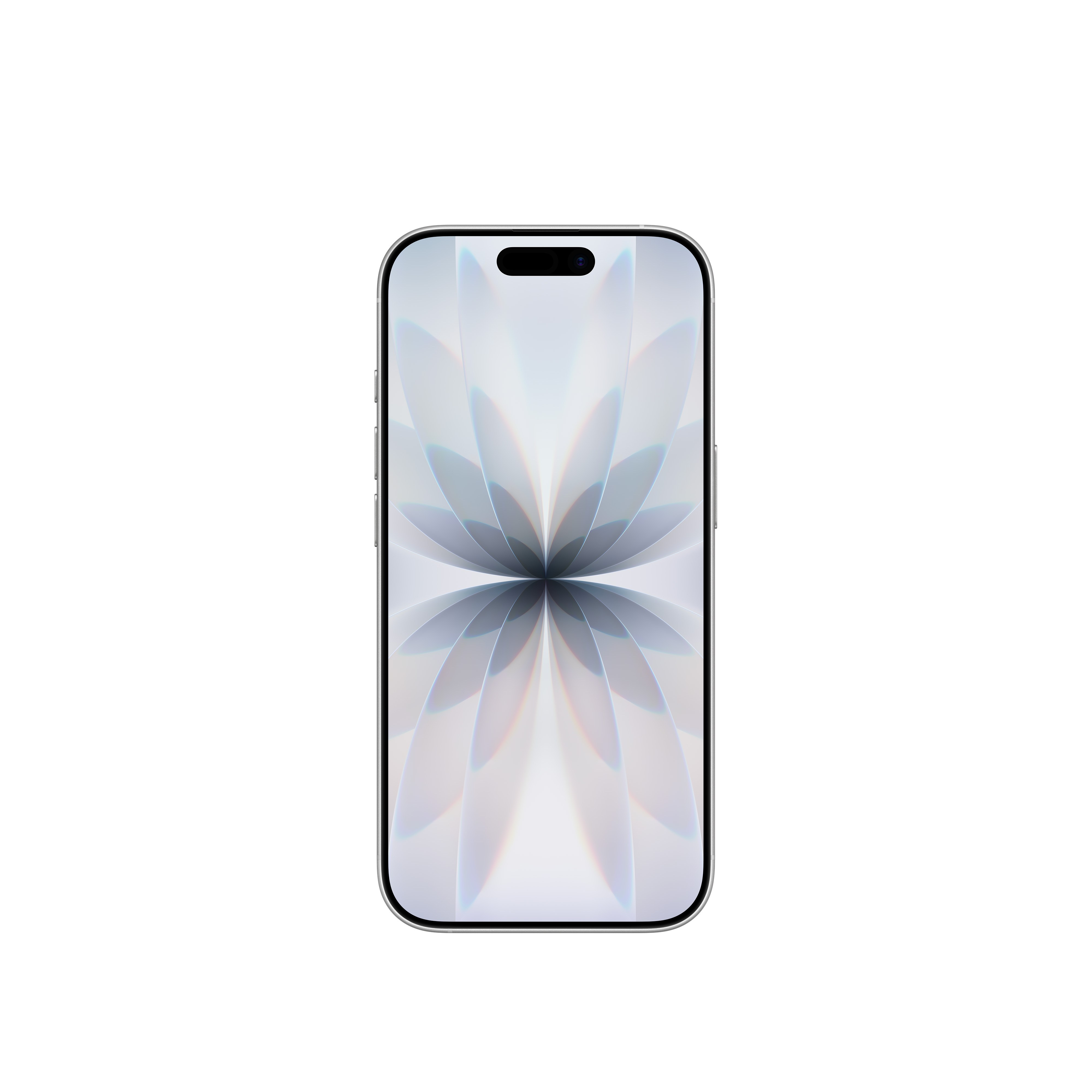 Ein modernes Smartphone mit einem Bildschirm, der ein weißes Blumendesign auf weißem Hintergrund zeigt.