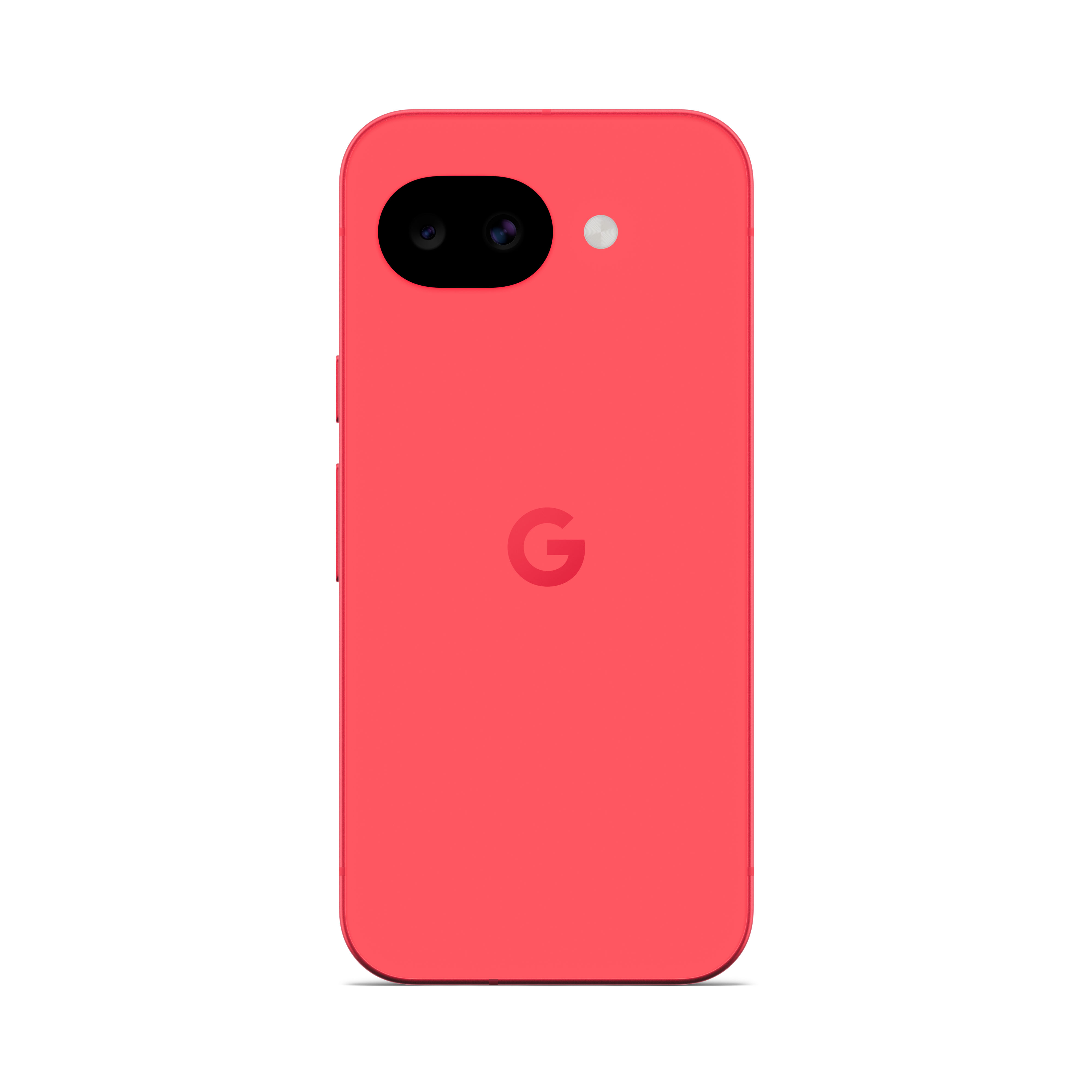 Rotes Smartphone mit Google-Logo und Doppelkamera auf der Rückseite.