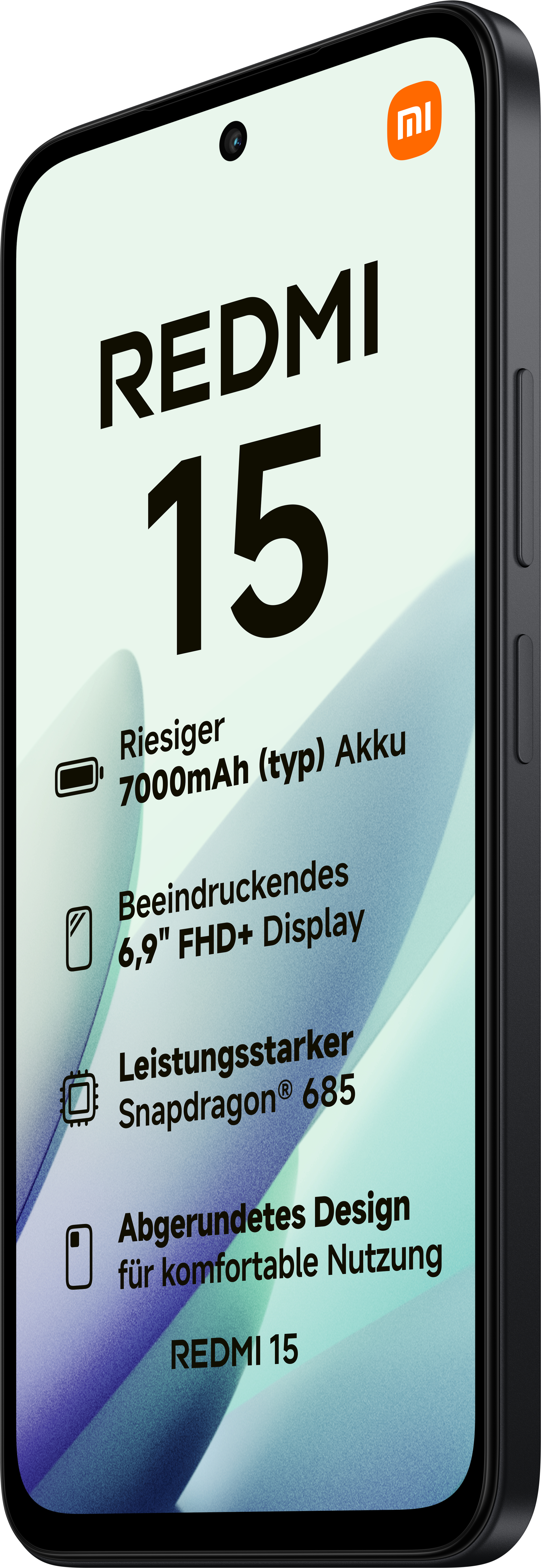 Gezeigt wird ein Redmi 15 Smartphone. Zu den Merkmalen gehören ein großer Akku, Display und Snapdragon-Prozessor. Das Telefon ist schwarz.