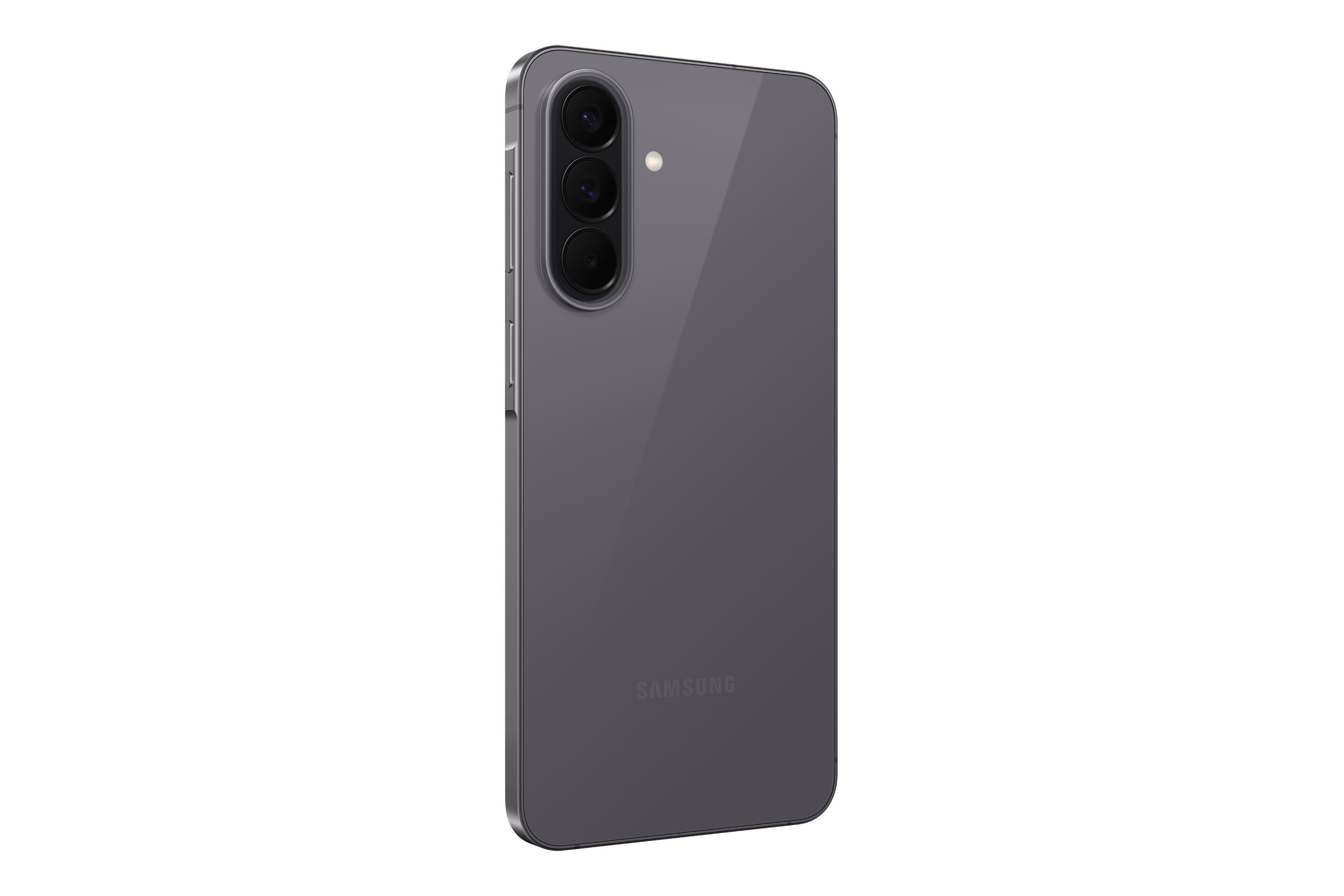 Rückseite eines grauen Samsung Smartphones mit drei Kameras und Blitz.